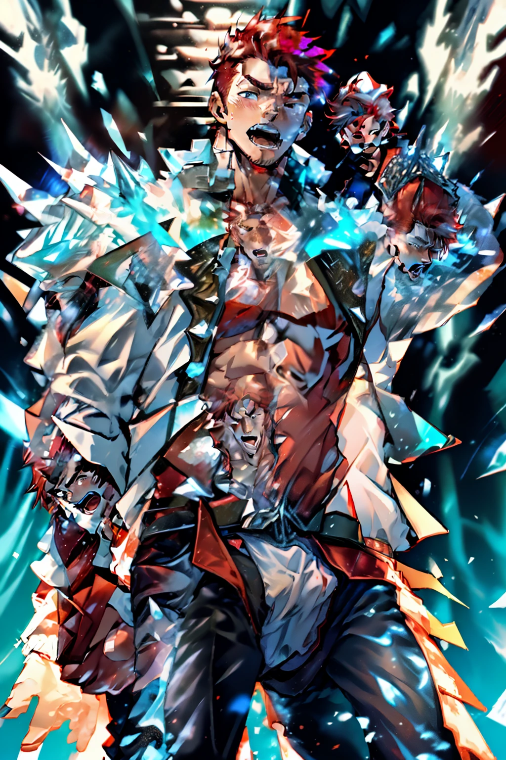 ultra high res, best quality, masterpiece, 1boy, , red hair,brown eyes, jeans, red jacket, white shirt, open jacket, extremely muscular masculine man, scream, shirtless, armor,VPL,