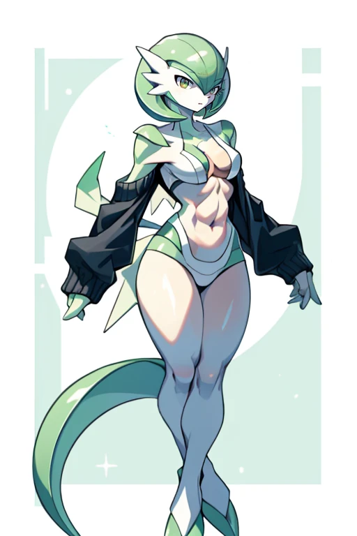 masterpiece, best quality, full body, Solo, male focus, (androgynous), furry, pectorals, pectoral cleavage, muscular, sidepec, (wide hips), huge ass, ((Gardevoir)), ((pokemon)), (off-shoulder suit), (sweater crop top),