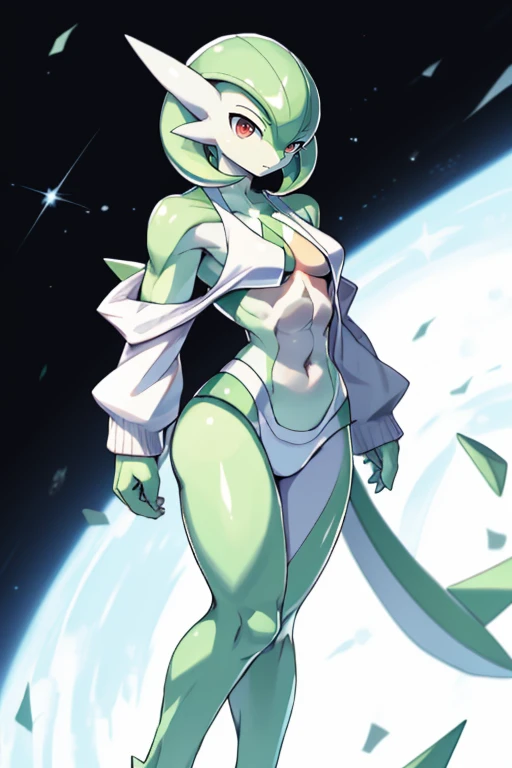 masterpiece, best quality, full body, Solo, male focus, (androgynous), furry, pectorals, pectoral cleavage, muscular, sidepec, (wide hips), huge ass, ((Gardevoir)), ((pokemon)), (off-shoulder suit), (sweater crop top),