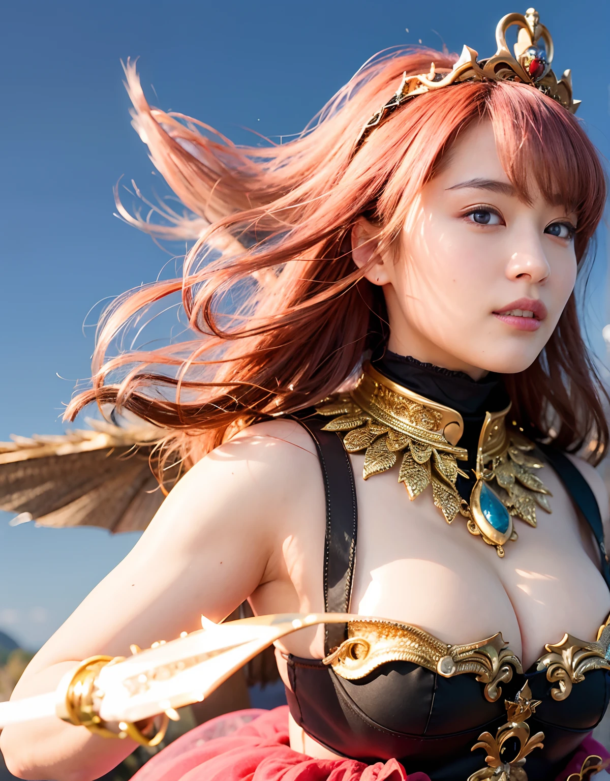Professional , masterpiece、top-quality、photos realistic , 、top-quality、超A high resolution、(Photorealsitic:1.4)、Raw photo、depth of fields (Gemstone Gold Metal Body:1.9),(Matte White、Toostock、(((heavy breasts)))、(cleavage of the breast)、(Detailed Dragon Armor)、(Have the strongest weapon)、((Random Hairstyles 1.6),Dark Fantasy,)explosions、(Precipitous cliffs),Dragon Gold Weapon,Mystical expression、Particles of light、Fight dragons、(Detailed Dragon Helmet) ,(( Dragon's dense and gorgeous sword)) , Beautiful knife ,Detail and gorgeous crown、((Blue hair))、(Castle background)、、((Gangle's forest background))、Beautiful Caucasian beauty、1a person、dynamic ungle,(((Detailed pink micro bikini)))、Smaller head、A smile、Castle background、Thin and beautiful female hands、cleavage of the breast、Soldier in iron armor on background、Mystical expression、Light Effects、intense fighting、Wind-effect、magic circles、With the legendary magic wand、(demonic wings)、Toostock、