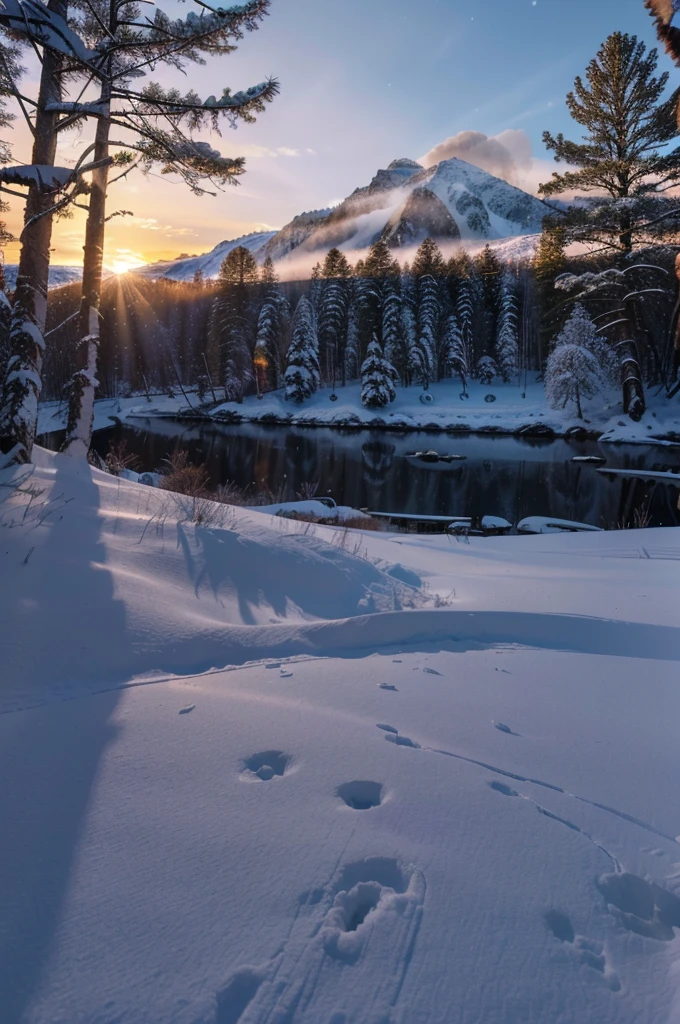 (best quality,4k,8k,highres,masterpiece:1.2),ultra-detailed,(realistic,photorealistic,photo-realistic:1.37),forest winter sun set,glowing golden sunlight,tranquil snowy landscape,tall majestic evergreen trees,snow-covered branches adorned with icicles,majestic snow-capped mountains in the distance,frozen lake reflecting the vibrant colors of the sky,gentle snowfall creating a serene ambiance,warm and inviting cabin nestled among the trees with smoke rising from the chimney,subtle shades of blue and purple in the sky,pink and orange hues of the setting sun casting a magical glow.