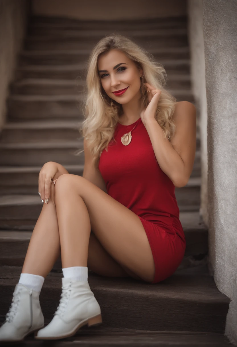 19 Old Pretty Woman, nur, Lange Haare, cleavage, Blick auf den Betrachter, blonde Haar, nackte Schultern, braune Augen, Schmuck, full entire body, Halskette, schulterfrei, red tshirt , black stockings, lips, smiling with teeth, realistisch, Nase, Flirten mit der Kamera, denim skirt, Poren, kurvig, detaillierte Haut, Poren, unretuschiert, sitting on a rug, fluffy white socks on