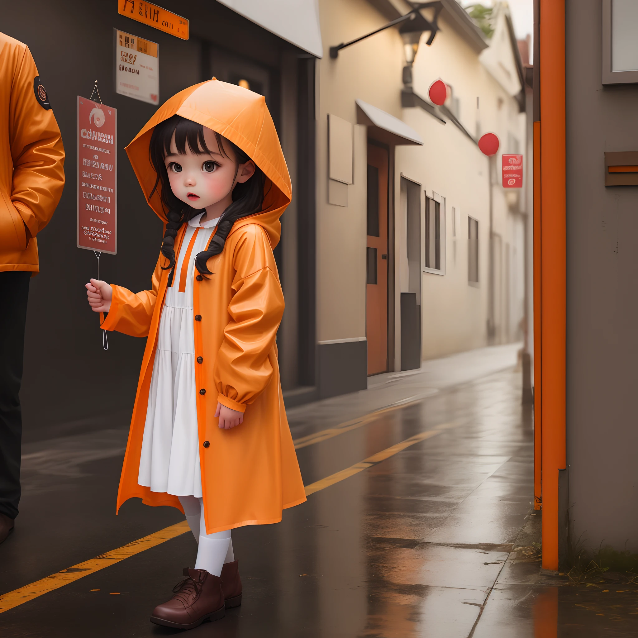 A little girl wears an orange raincoat，Orange in hand，Orange in hand