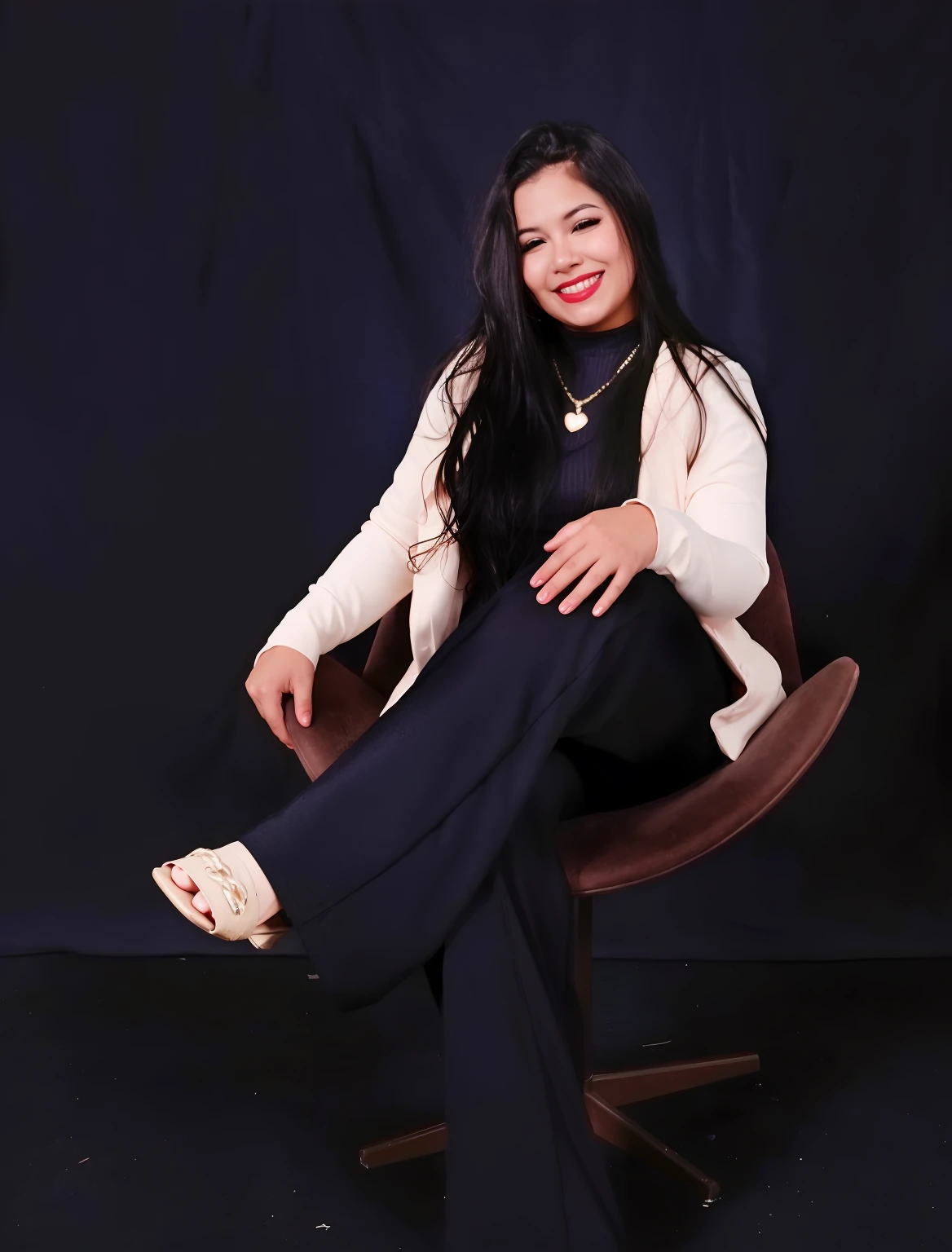 Estilo Pixar Disney mulher sentada em uma cadeira com as pernas cruzadas, solo photoshoot, full body photogenic shot, full body photoshoot, foto de retrato de corpo inteiro, fotografia de corpo inteiro, Alanis Guillen, sentado na cadeira, Pose casual, sentado em uma cadeira, sentada em seu trono, female with long black hair, Full body and head shot, retrato photoshoot, sentado em uma cadeira