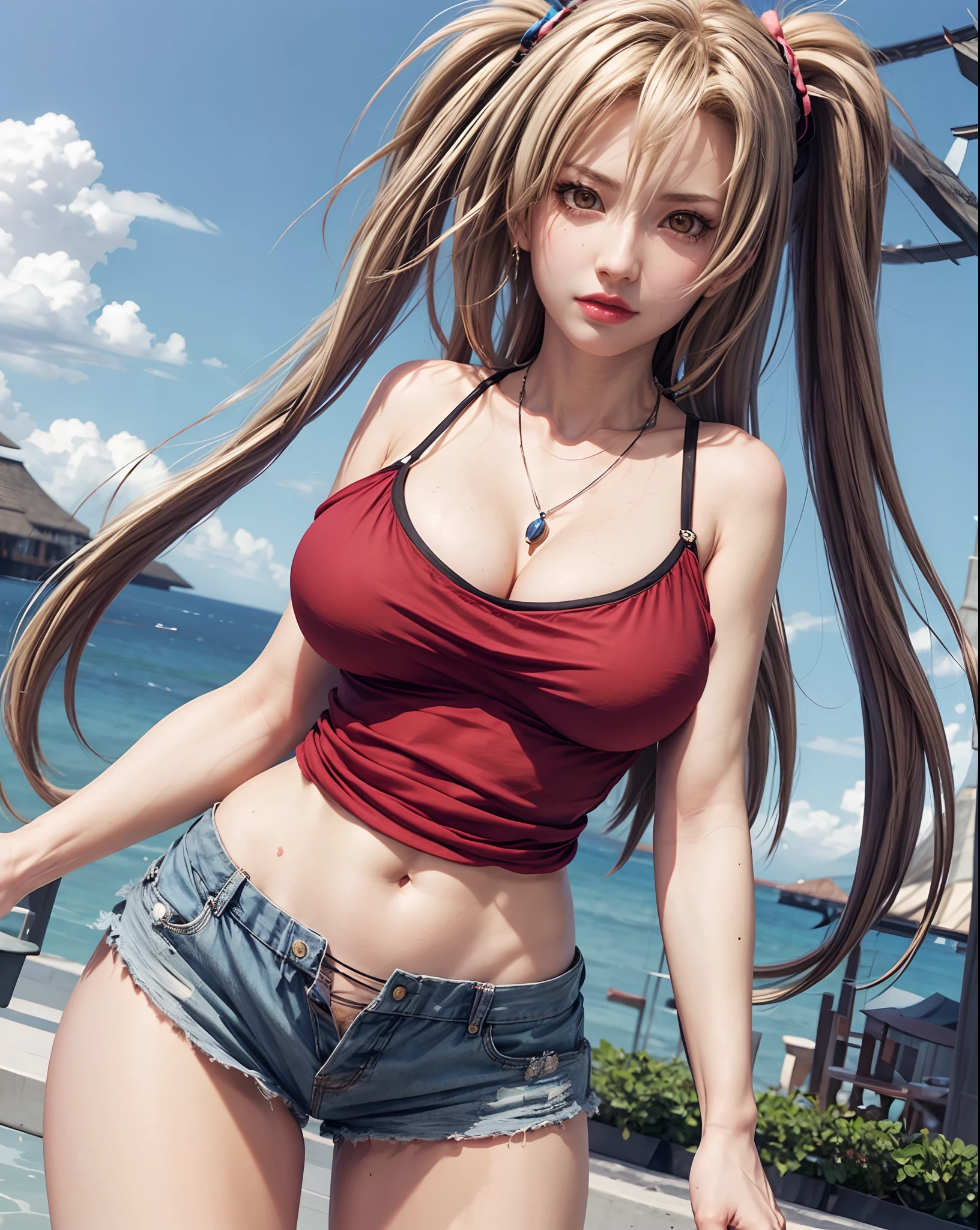 realistic, 1girls, Tsunade, best quality, 12k, HD, long hair, big round breasts, cleavage, ponytail, necklace, jewelry, shorts, slim hips, hair band, yellow eyes, yellow hair, super detailed, Eye details , hair details, person details, mouth details, face details, breast details, clothes details, hair details, pants details, hand details, whole body