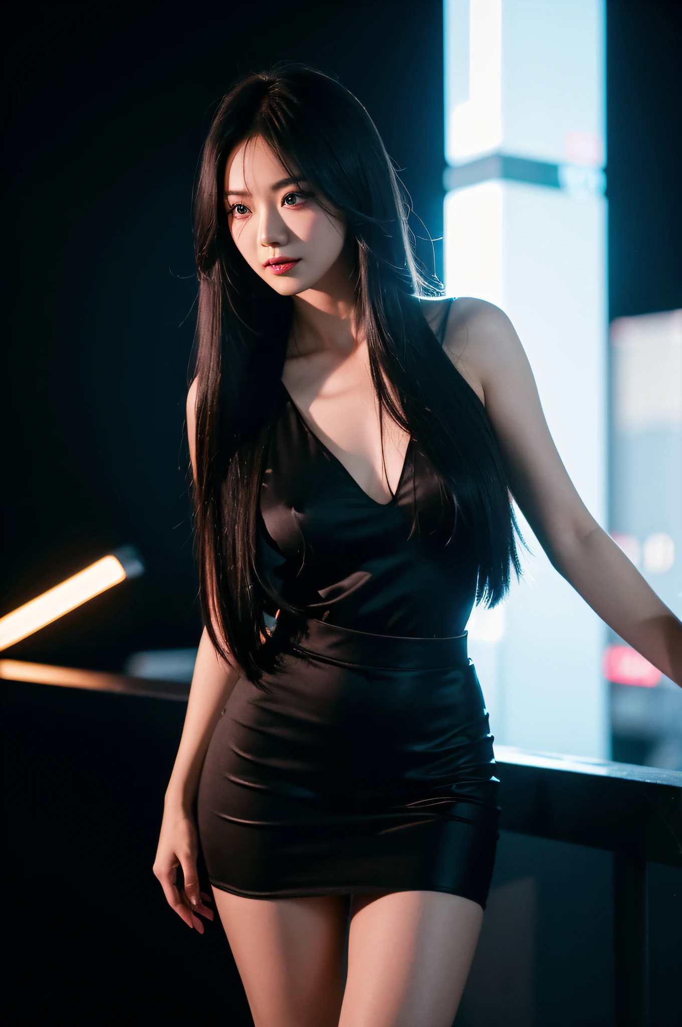 straight hair, excited, Sheer skirt, black background centered, Rule of Thirds composition, Neon cold lighting, colored eyelashes, Cinematic Shot, EnchantedGarden, Hollywood-style, 8K Resolution