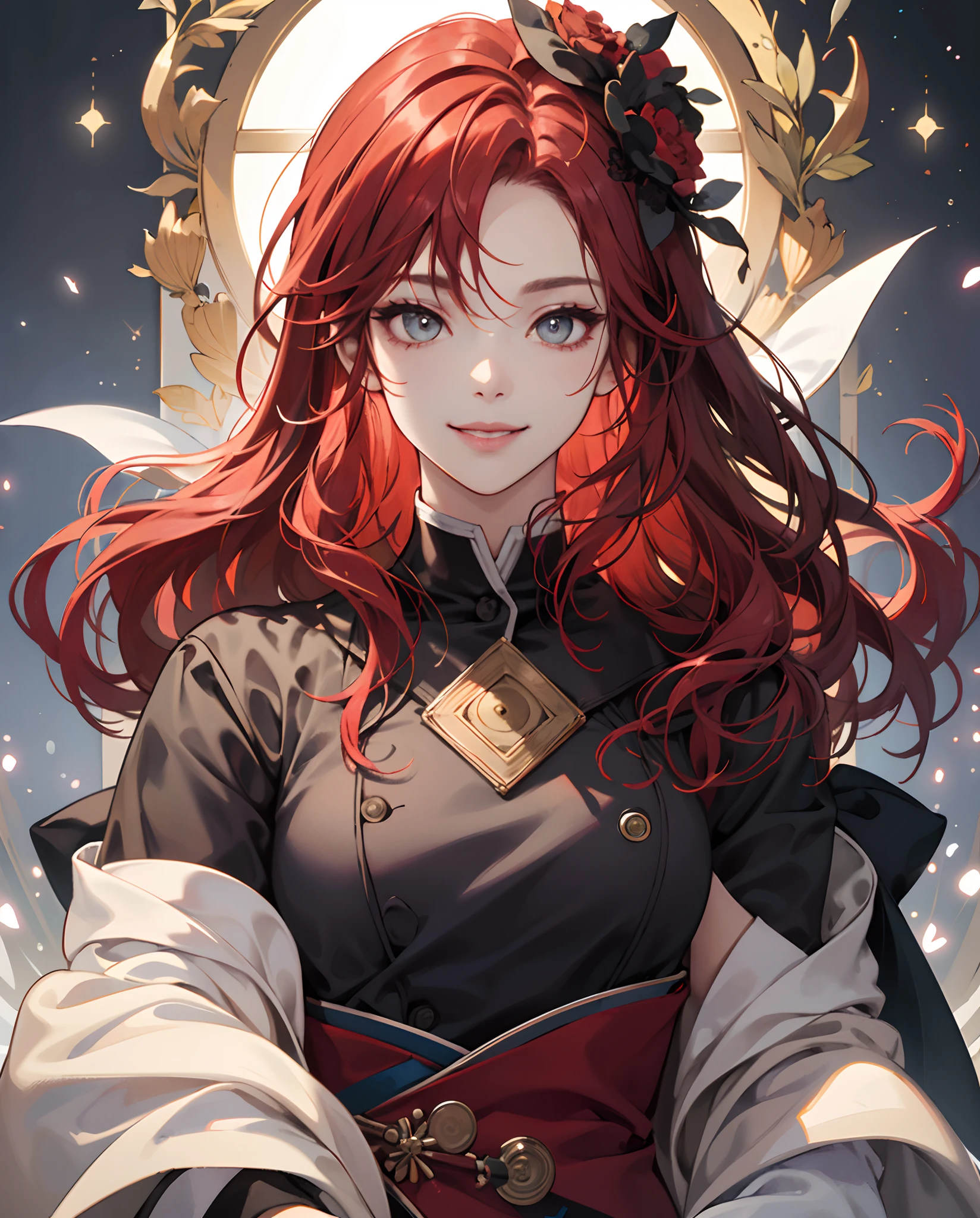 A man with blood-red hair, fierce eyes, and a maniacal smile. Wearing a carnival outfit