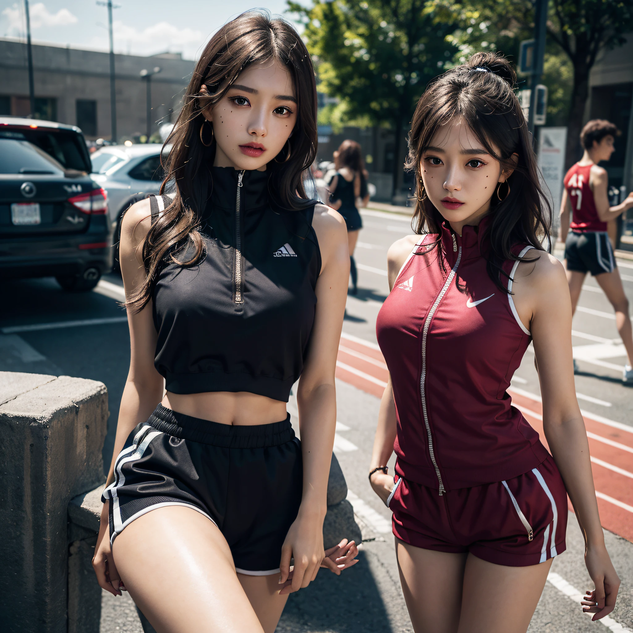 highest quality,ridiculous,Dramatic,2 Araf ladies in realistic style sportswear,2 female students,Very detailed details of the face,Real skin texture,HD Skin,Night view,Standing in the school square, Still image of 007, Pageant rendering, model, Luxury, Shoulders visible, Network mode, Still frame from movie - ar 16:9