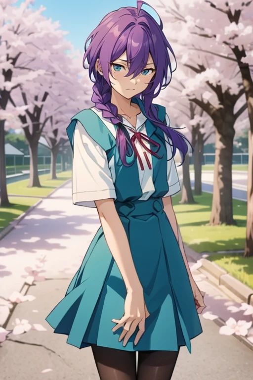 long hair, mole under mouth, purple hair, single braid, hair between eyes, aqua eyes, closed mouth, ahoge, expressionless, cowboy shot, 1girl, solo, bangs, tokyo-3 middle school uniform, pantyhose, spring, cherry blossoms, ultra detailed, game cg