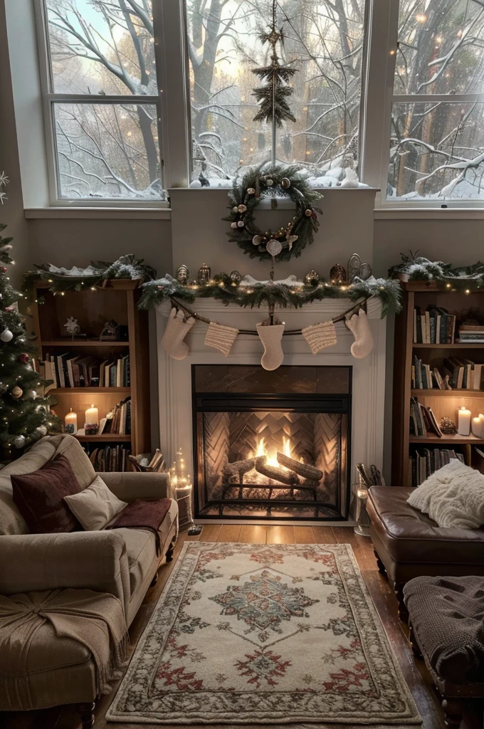 (best quality,4k,8k,highres,masterpiece:1.2),ultra-detailed,(realistic,photorealistic,photo-realistic:1.37),cozy,comfortable,warmly-lit,inviting,fireplace crackling,soft lighting,glass windows,frosty outside (snowy,icy,snow-covered),beautiful snowflakes gently falling,steamy hot drinks,cuddly blankets,soft pillows,decorated Christmas tree,stockings hanging on the fireplace,glowing fairy lights,candles flickering on the mantel,smell of freshly baked cookies,cosy seating area,fluffy rugs and carpets,bookshelves filled with books,woolen sweaters,knitted scarves,wooden furniture,firewood stacked neatly,indoor plants,soft music playing in the background,winter wonderland scenery,outdoor view from the windows,peaceful atmosphere,restful environment,family gathering,laughter and conversation,joyful decorations,winter holidays vibe,frosty breath,magical ambiance
