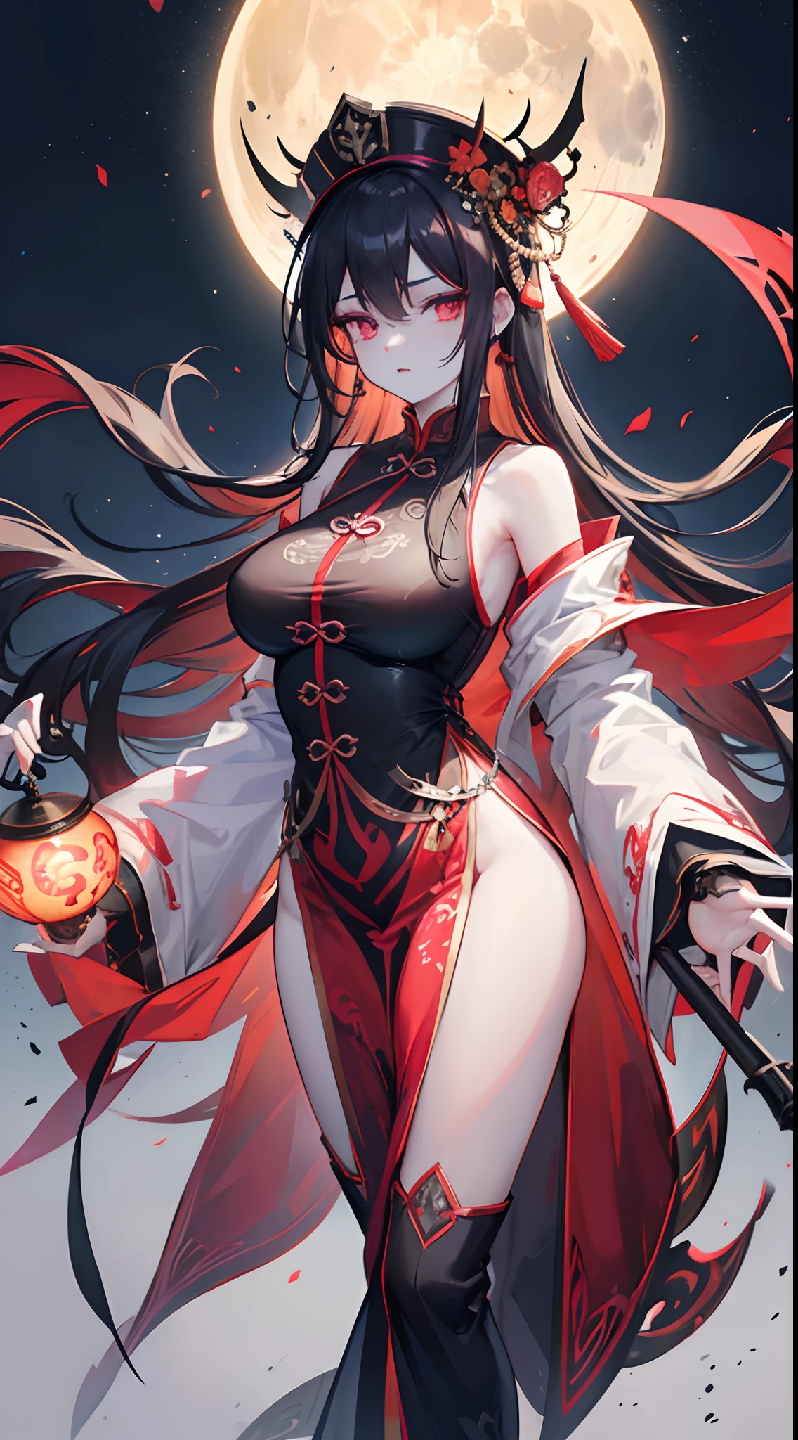 high quality,realistic,[female],[jiang shi],[chinese zombie],[chinese dresses],[qi pao],[talisman on head],[nighttime],[breast exposed],petite body shape,detailed eyes and face,long eyelashes,pale skin,ominous atmosphere,mysterious aura,classic horror,traditional attire,meticulous details,strong presence,blending of modern and traditional elements,powerful and menacing,ethereal beauty,delicate features,subtle shadows and highlights,sublime aesthetics,rich color palette, masterpieces, full body shot, moon light, sharp fangs, extreme detail, HD, cinematic CG, round-top tall rimmed hat characteristic of a mandarin