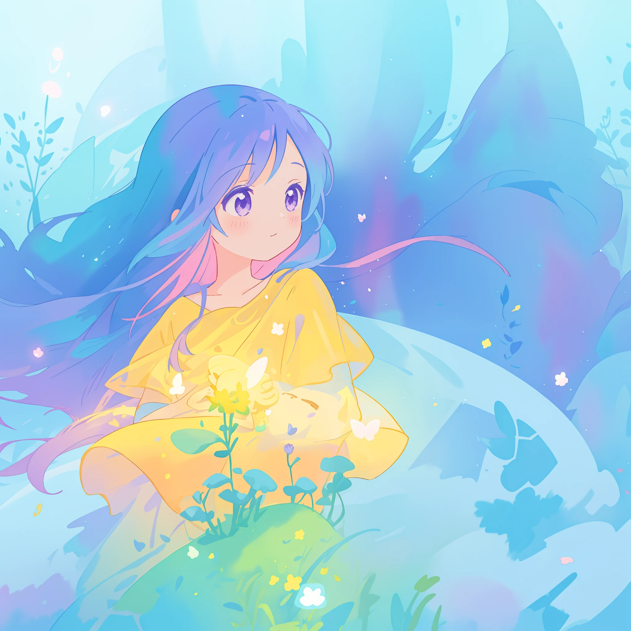 beautiful girl in yellow minut gradient flowing dress, long flowing blue purple pink hair, colorful fantasia background, watercolor illustration, disney art style, glowing aura around her, glowing lights, beautiful digital illustration, fantasia otherworldly landscape plants flowers, beautiful, masterpiece, best quality, anime disney style
