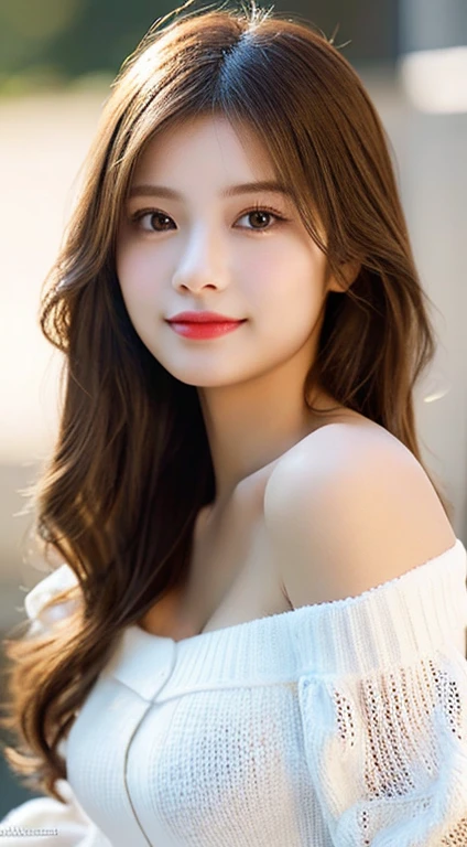 Innocent girl、((Wearing a large off-the-shoulder white knit,Dramatic poses)),White knitted miniskirt、Smile,Beautiful brown long cut,Raw photo, (in 8K、top-quality、masterpiece:1.2)、(intricate detailes:1.4)、(Photorealsitic:1.4)、Studio Soft Light, Rim Lights, vibrant detail, super detailing, realistic skin textures, Detail Face, Beautiful detail eyes, Very detailed CG Unity 16k wallpaper, make - up, (detailedbackground:1.1), shinny skin, ,beutiful breast,Full body、cleavage of the breast,((Full body drawing))