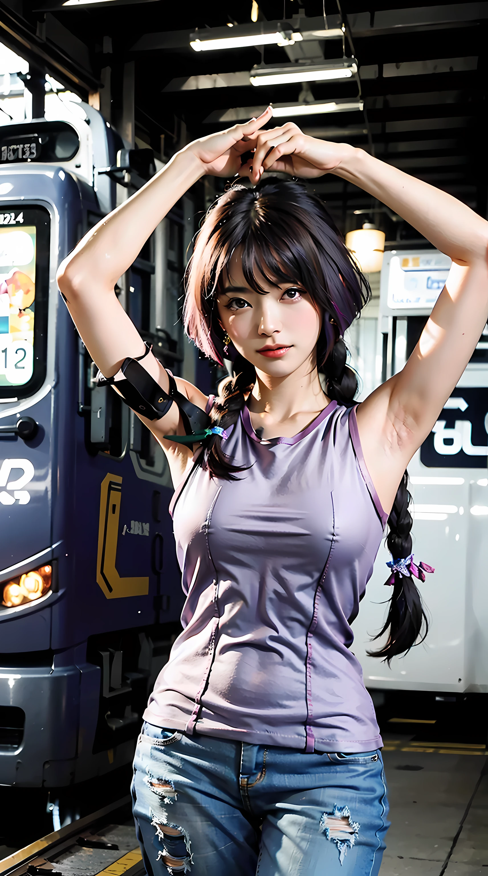 sumire kakei, single braid, purple hair, beautiful, beautiful woman, perfect body, perfect breasts, wearing a tank top, short jeans, both hands holding the hair at the back of her head, showing her armpits, wearing a watch, wearing earrings, in class , at the electric train station, looking at the viewer, a slight smile, realism, masterpiece, textured leather, super detailed, high detail, high quality, best quality, 1080p, 16k