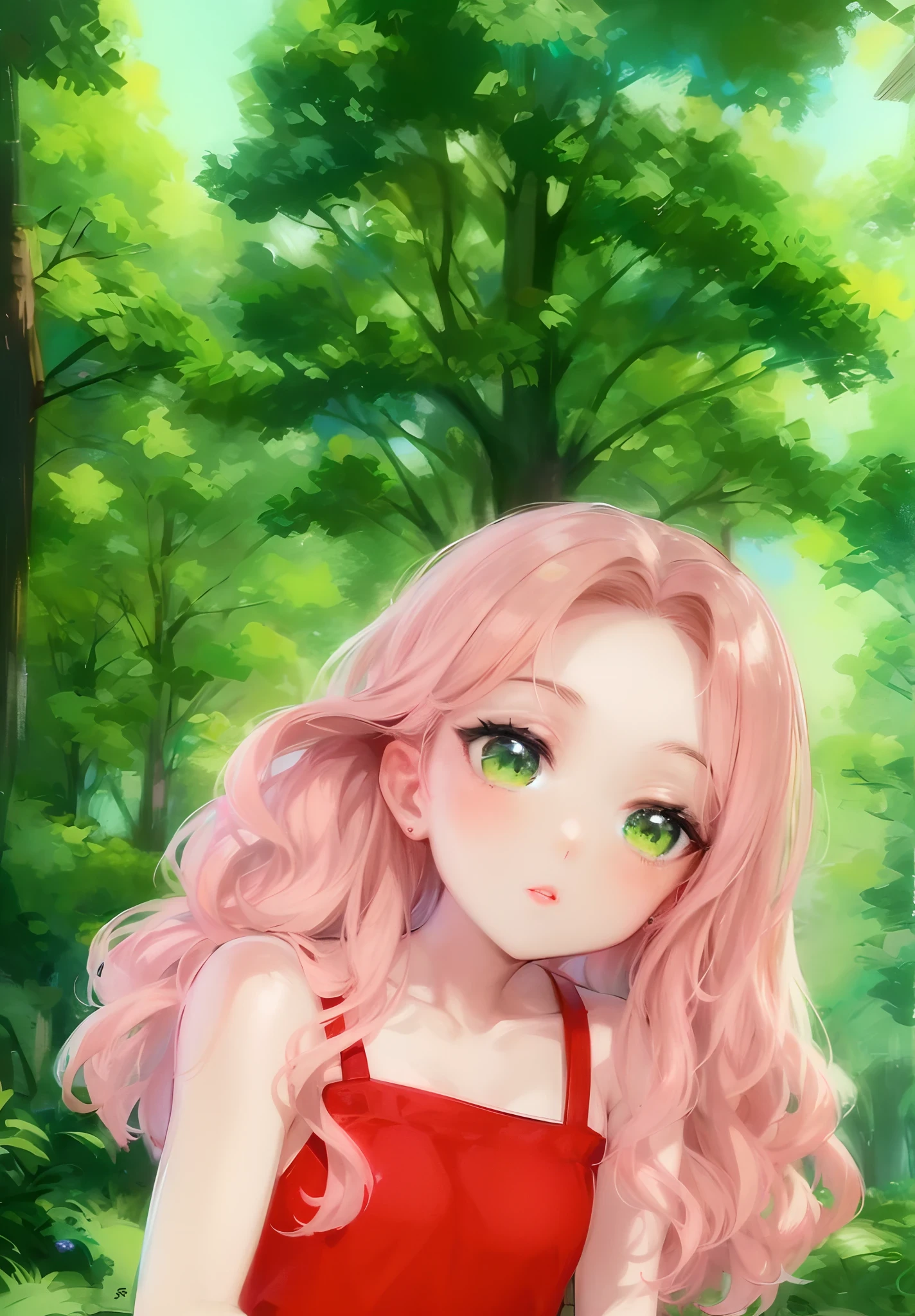 um close up de uma garota de desenho animado com cabelo rosa longo, feito com anime painter studio, bonito rosto de anime natural, cabelo rosa encaracolado, anime estilizado, estilo anime semi-realista, estilo de arte de anime, em estilo anime, anime estilizado, pintado em anime painter studio, estilo anime, estilo anime bonito, meu vestido queridinho anime, Estilo anime bonito, estilo realismo anime