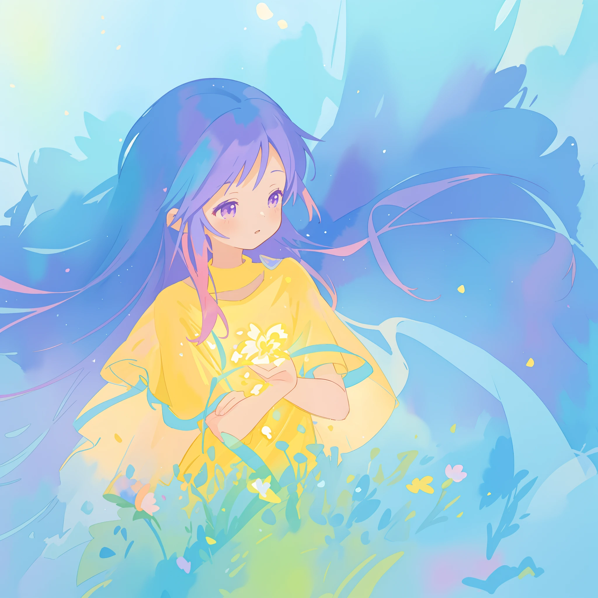 beautiful girl in yellow minut gradient flowing dress, long flowing blue purple pink hair, colorful fantasia background, watercolor illustration, disney art style, glowing aura around her, glowing lights, beautiful digital illustration, fantasia otherworldly landscape plants flowers, beautiful, masterpiece, best quality, anime disney style