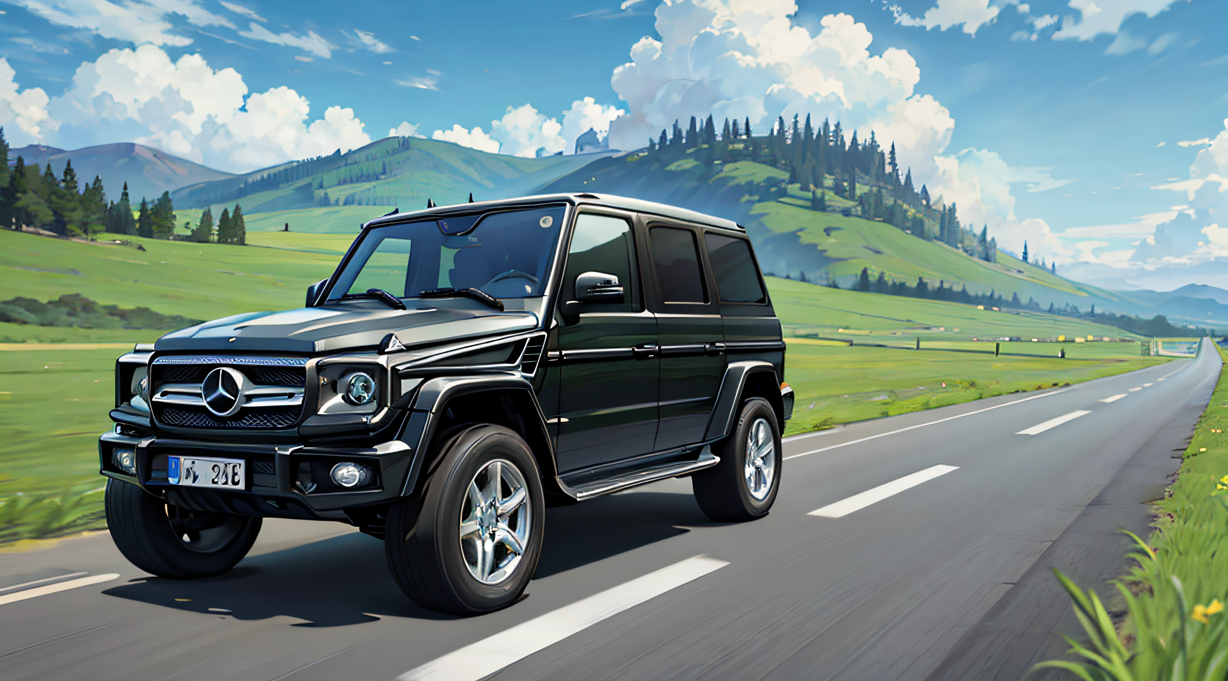 There is a big Mercedes big G car on the country road