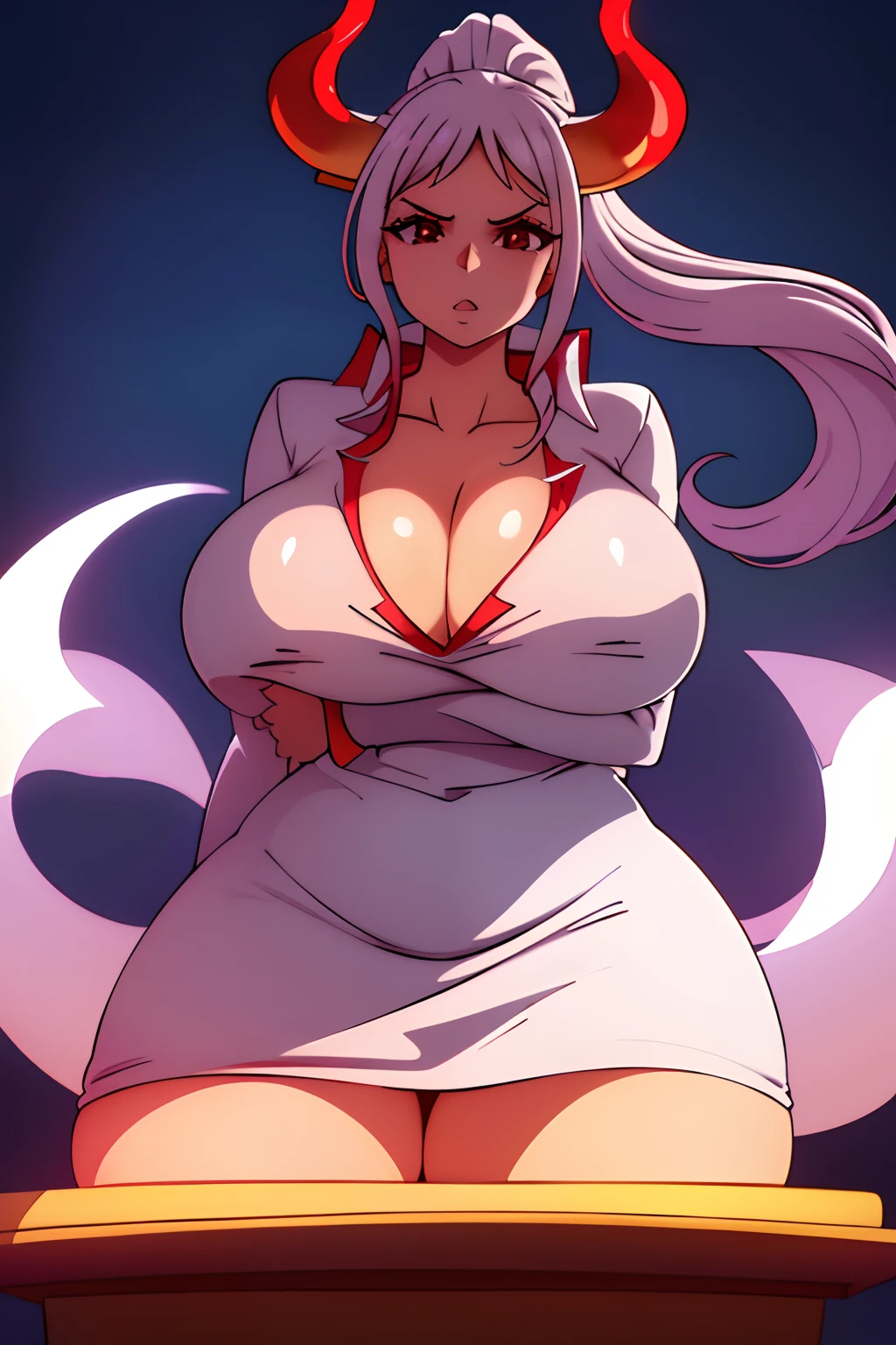 (long white ponytail hair), (dragon horns), (teacher), classroom, (huge juicy breasts:1.2), (cleavage), (teacher dress:1.2), milf, busty, slim stomach, wide hips, beautiful face, professional lighting, glistening skin, high quality, (seductive pose:1.2)