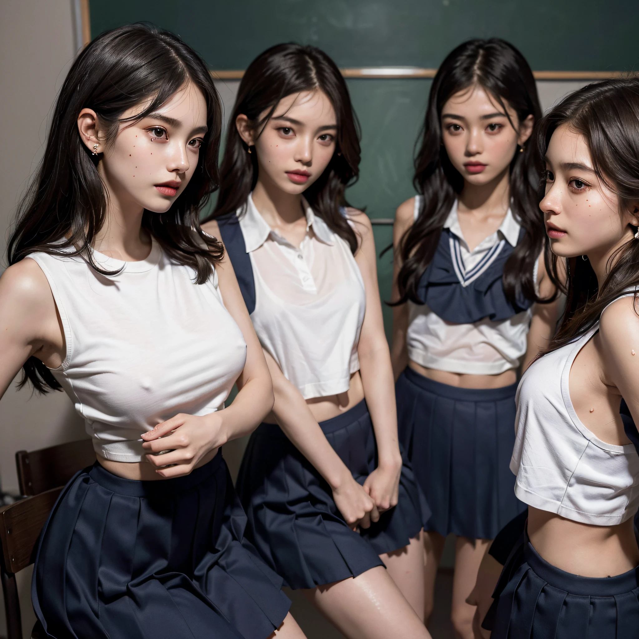 absurdres, RAW photo, extremely delicate and beautiful, masterpiece, Best Quality, ultra high resolution, 16k, hyperrealistic, ultra-detailed, perfect anatomy, super Detailed skin, perfect figure, Very detailed CG 8k wallpaper, in her 20s, very Slim body, narrow waist, very small head, very small face, double eyelids, delicate facial features, makeup, tearful mole, mole on chest, earring, thin legs, (very huge round breasts), (((((3 girls))))), bronze hair, short hair, wavy hair, ((sweat)), (((school uniform))), ((sleeveless)), midriff,