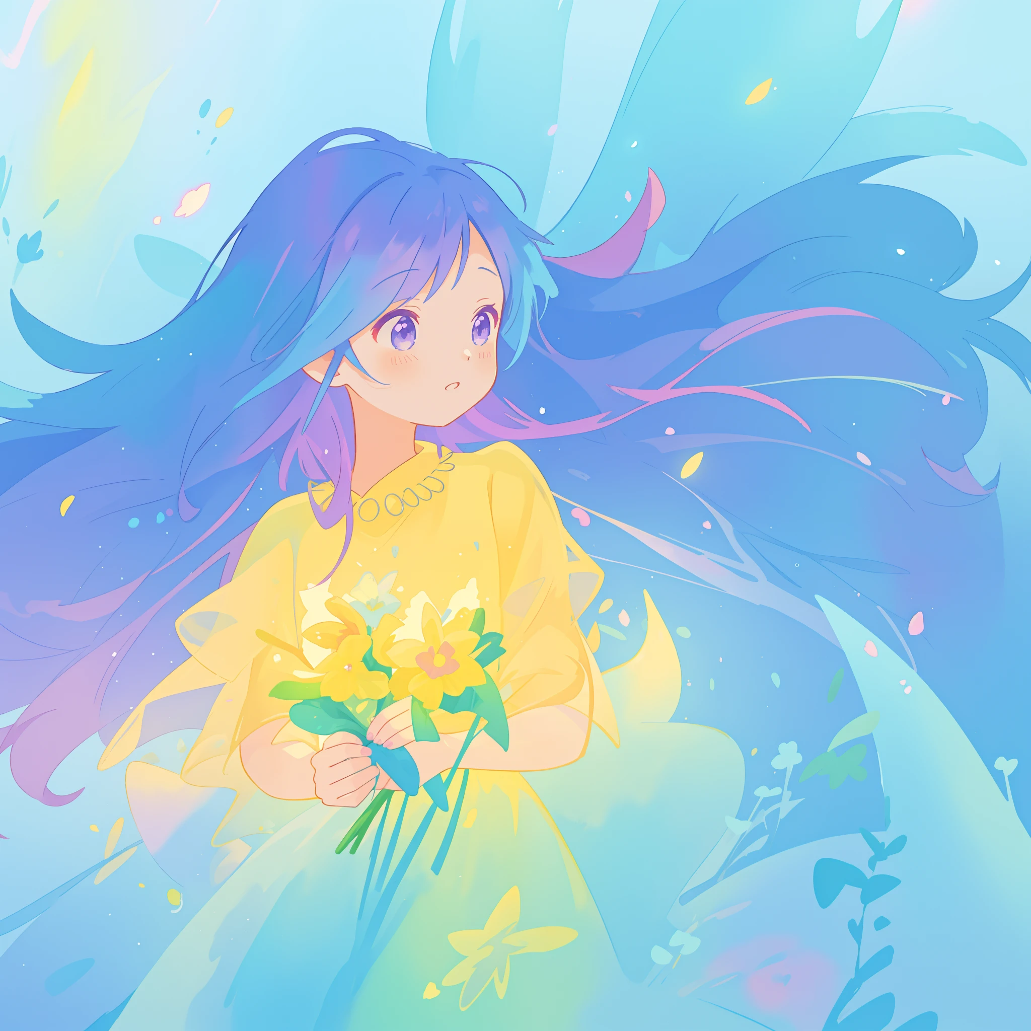 beautiful girl in yellow minut gradient flowing dress, long flowing blue purple pink hair, colorful fantasia background, watercolor illustration, disney art style, glowing aura around her, glowing lights, beautiful digital illustration, fantasia otherworldly landscape plants flowers, beautiful, masterpiece, best quality, anime disney style