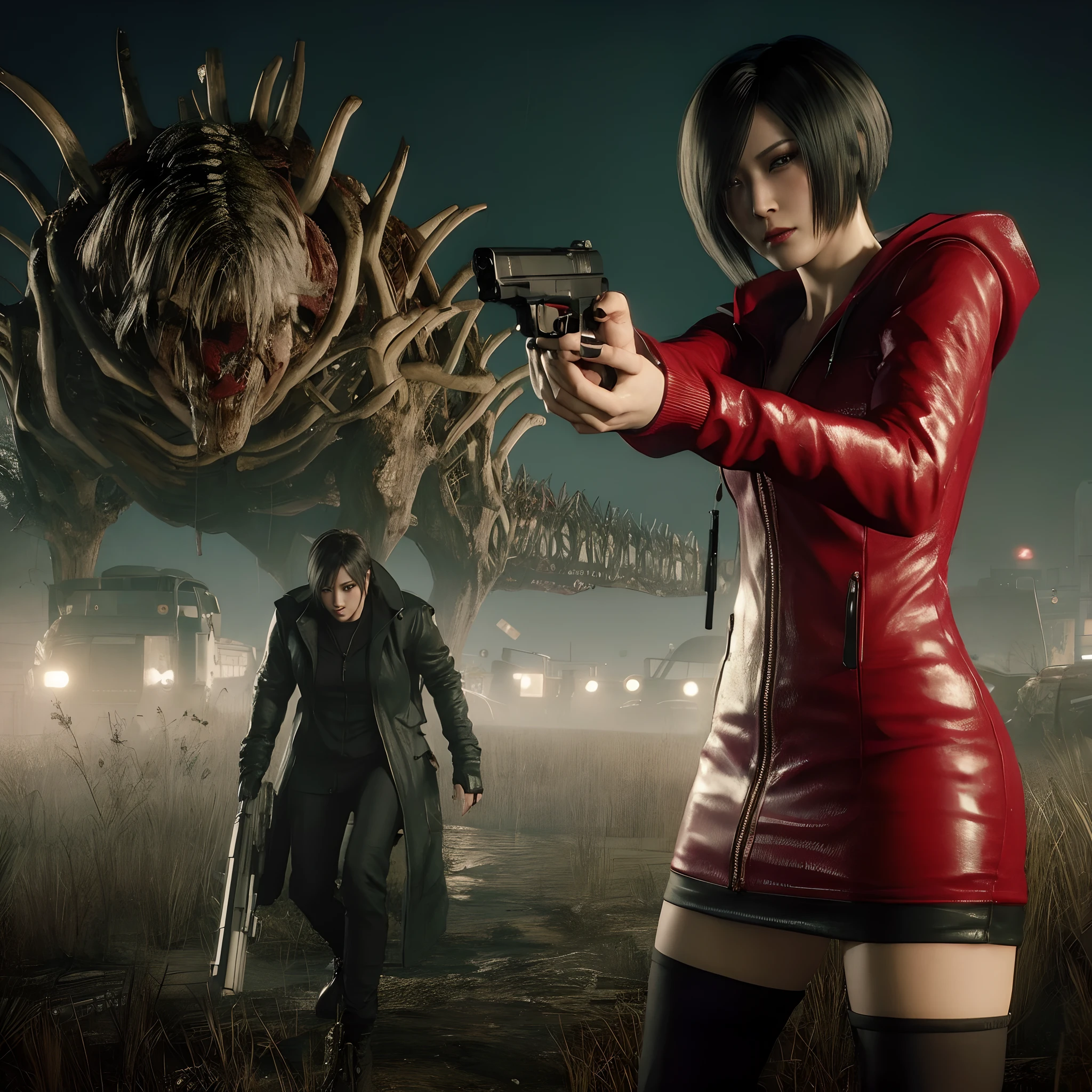 Ada wong, beautiful face, bob hair, perfect Face, wearing mini red rose dress hoody, black nail polish, glare expression, holding a gun