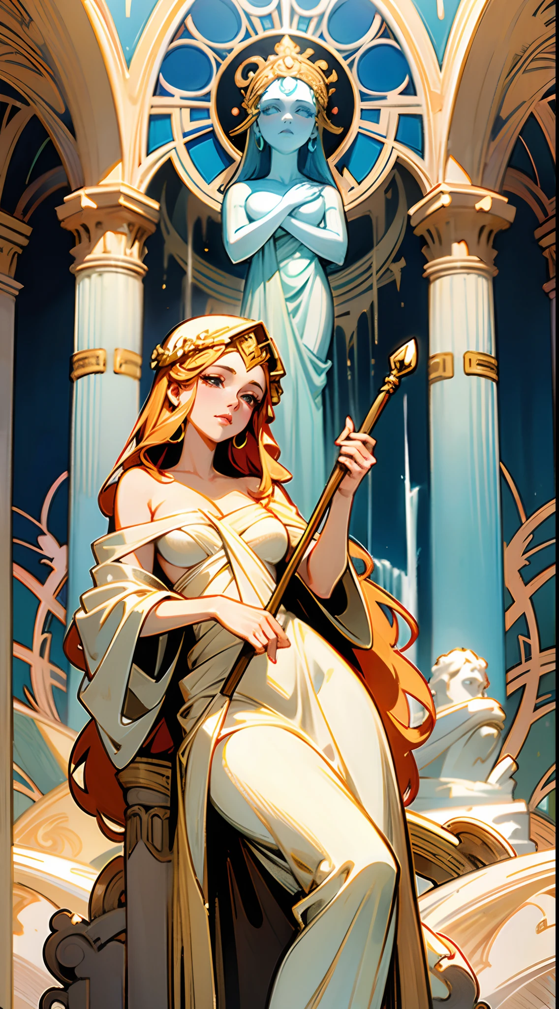 a painting of a woman with a golden headdress and a white dress, Bel art UHD 4 K, 4k highly detailed digital art, exquisite digital illustration, WLOP complexe, art nouveau! 4k detailed digital art, Mucha style 4K, Jen Bartel, Greece styles, marble temple, vines, waterfalls, statue, Greek godness, holding a Scepter, naked, half body, potrait, nude