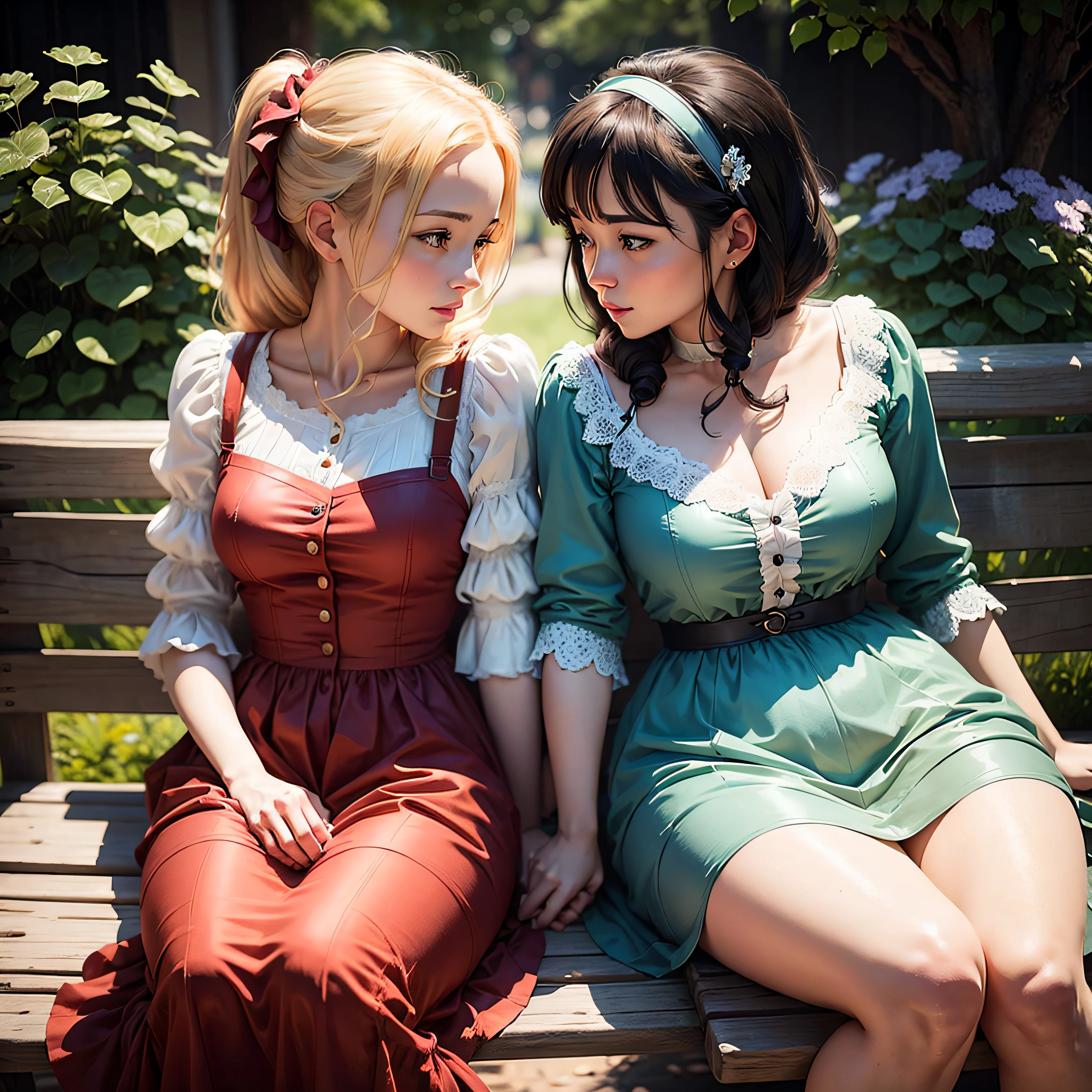 Mary and Anne sat on a bench, facing each other and looking into each other eyes with love and lust