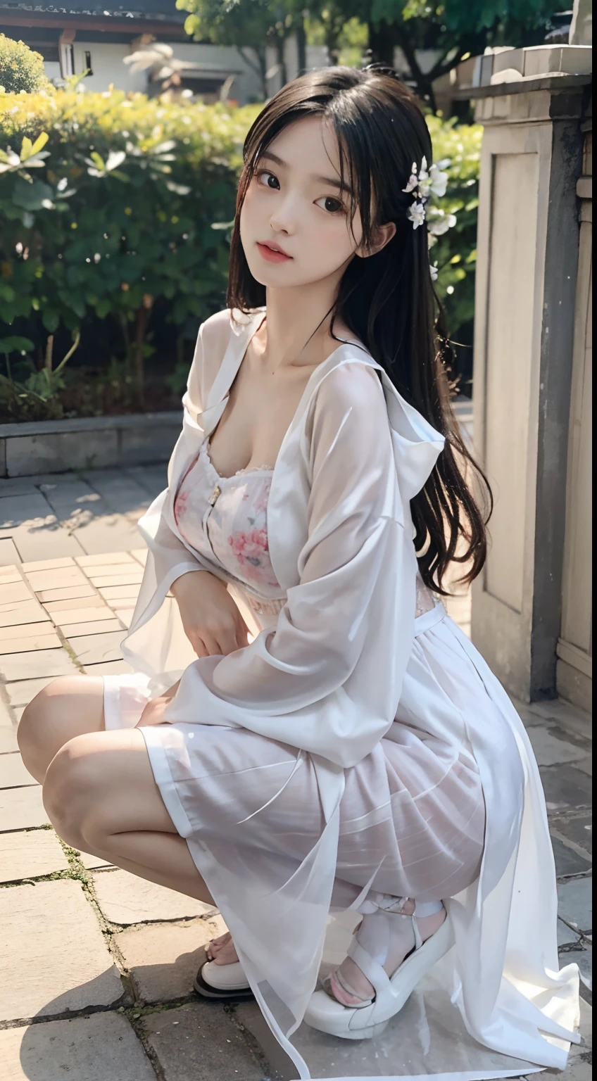 A age girl Matulbart, Master quality, Highest quality, Best picture quality, Exaggerated details, Moonlight Goddess 9 year old Asian girl,The expression is shy,a close up of a , Super beautiful girl with(Long hair / Very, Very exaggerated and compact, Round breasts) , Pose in front of the camera, Possessed , Wet corset, Wet-breasted Hanfu open V-chested clothes, All images fairy tales, Wet body of thin silk fabric, Thin silk lace petticoat, She loves to do, floral patterns