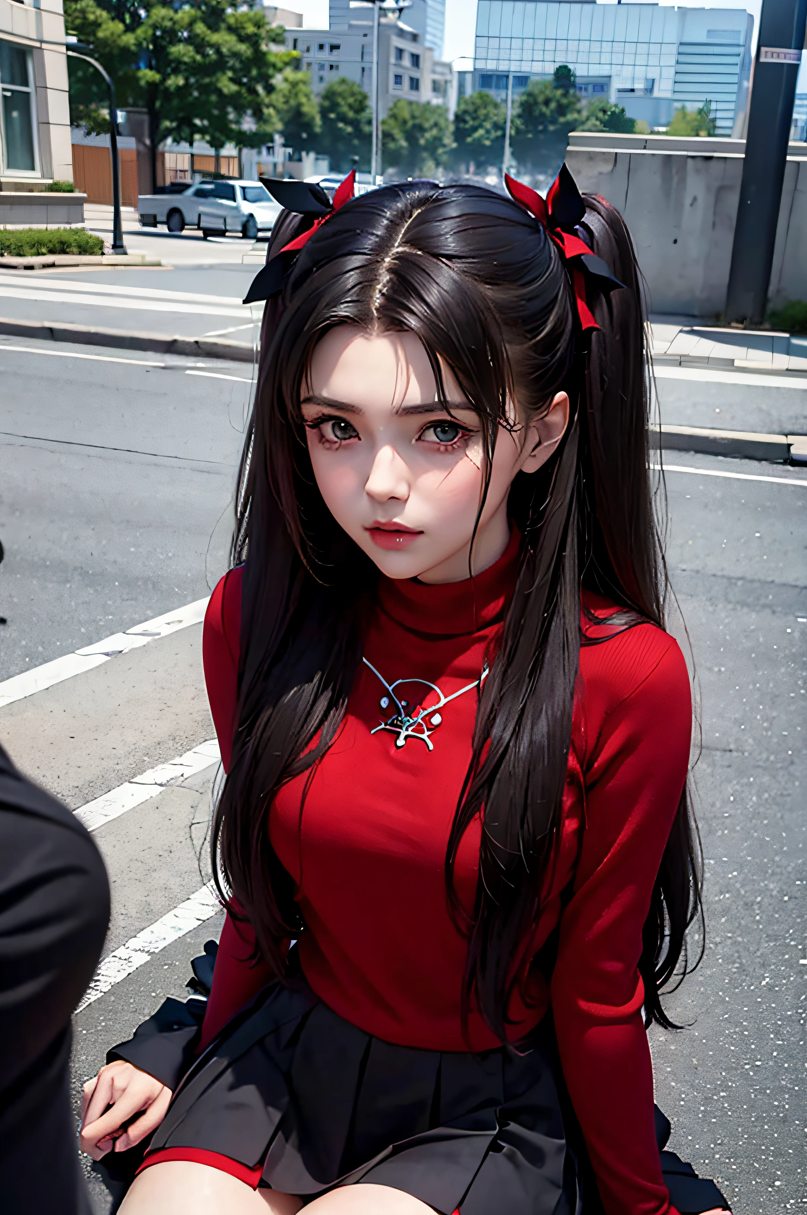 (masterpiece), best quality, expressive eyes, perfect face, 1girl, solo, rintohsaka, rin tohsaka, aqua eyes, black hair, hair ribbon, long hair, ribbon, sidelocks, two side up, black skirt, black thighhighs, long sleeves, miniskirt, pleated skirt, ((red sweater)), skirt, sweater, thighhighs, turtleneck, city background, sitting, character sheet, upper body, portrait, looking at viewer