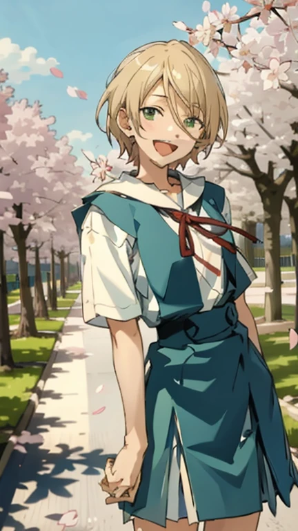 aira shiratori, green eyes, :D, smile, happy, blonde hair, detailed eyes, detailed face, 1girl, blonde hair, solo, short hair, tokyo-3  uniform, spring, cherry blossoms, ultra detailed, game cg