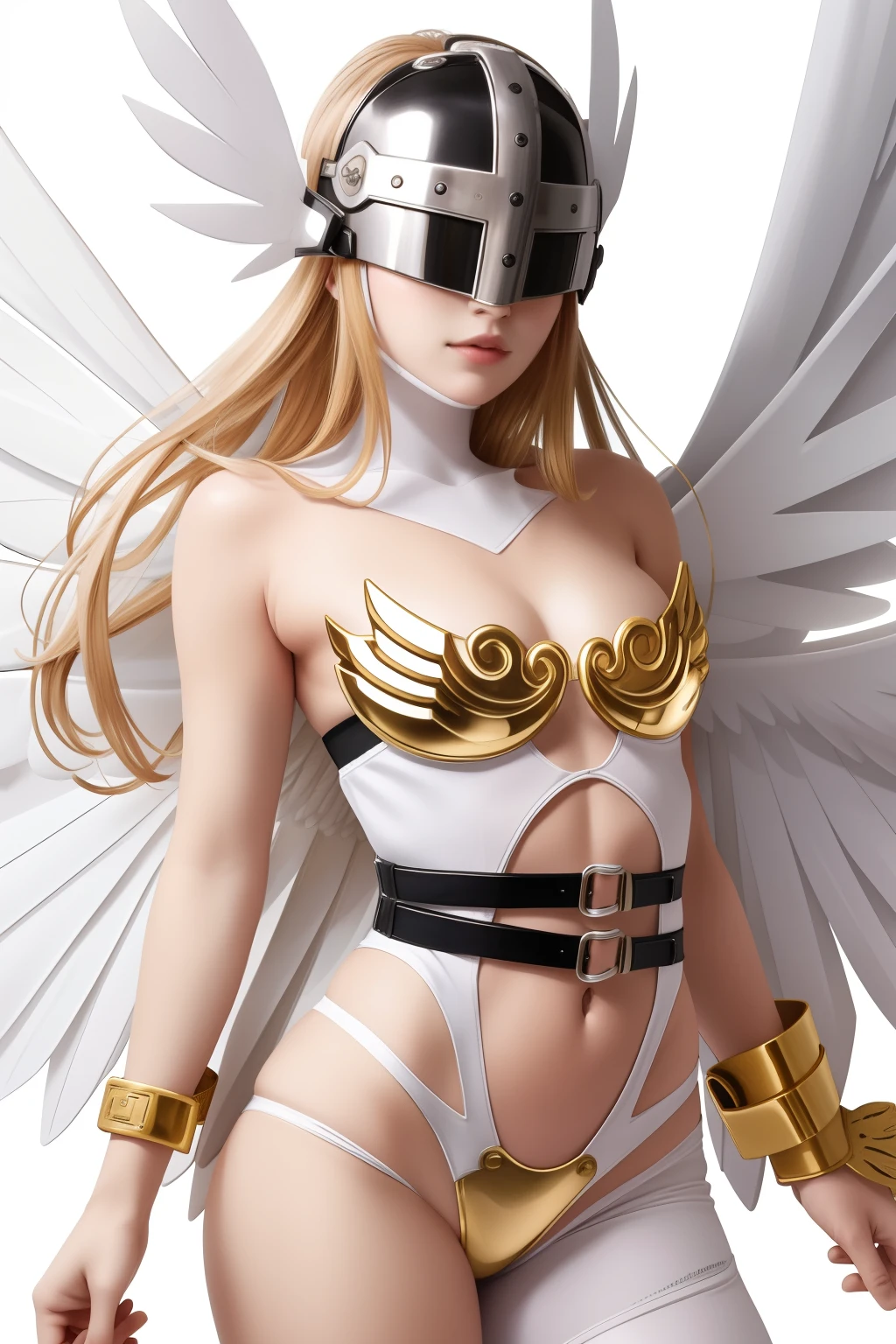 best quality, intricate details,
1girl,  Angewomon, winged helmet, helmet over eyes, helmet on, covered eyes,white multiple wings, white wings, pink hagoromo, single glove, strapless,white bodysuit, gold strapless bra, black belt, two belts