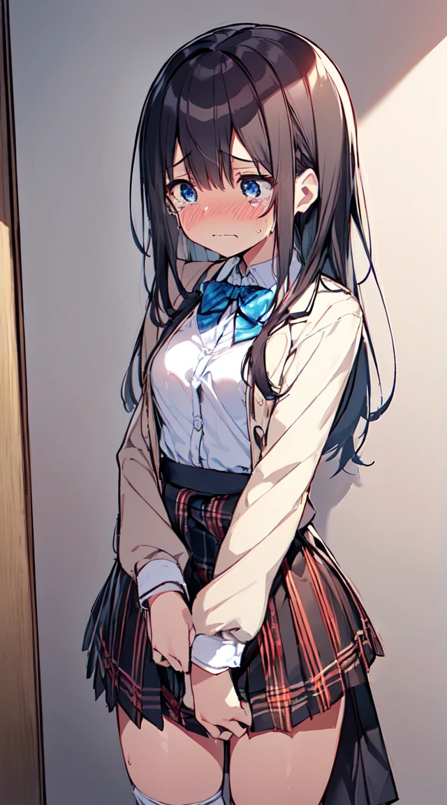 masutepiece, Best Quality,Illustration, Wallpaper, ultra -detail, Little Face Lori、(((molesting)))、Detailed eyes, Complex hairstyle、Sareme、((fear:1.5))、(Teary-eyed:1.5)、(((Cute white underwear)))、(blazers、Kilted skirt)、ample breasts、((Morester))、((Girl being taken off her skirt by a man))