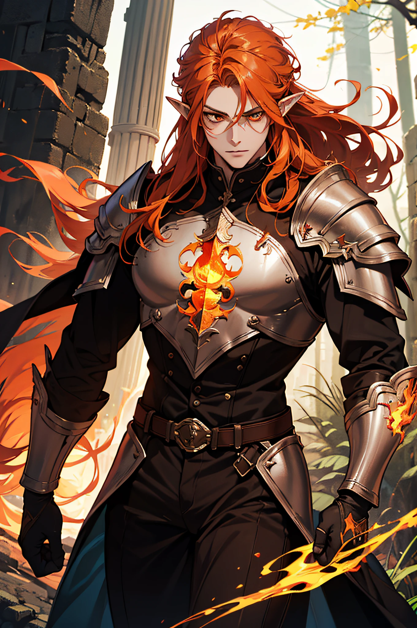 (absurdres, highres, ultra detailed), 1 man, adult, beautiful, elf, pointy ears, long orange hair, orange eyes, detailed face, fantasy, dark brown clothes arcane warrior, leather armor, strong, muscular, magic, wilding trindent, flames flying, fantasy forest