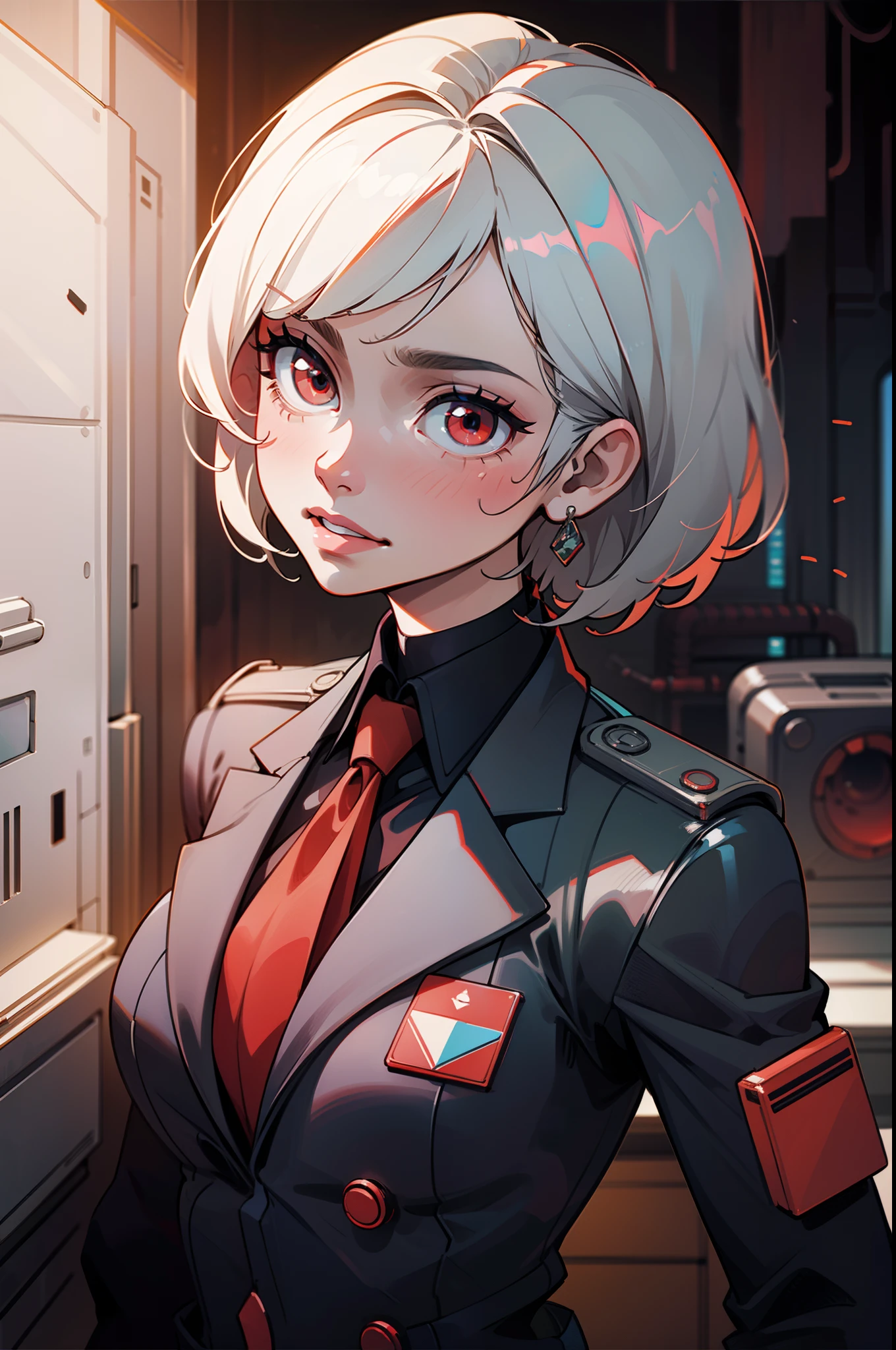 "Beautiful girl with short white hair and red eyes in an executive suit, corpo uniform. The suit is red and black, and she is biting her lip whilst looking up at the camera. The setting is in an executive office, with a futuristic corpo aesthetic, inspired by Arasaka. The image should have ray tracing effects and be of the best quality, with ultra-high definition details. It should be a masterpiece."