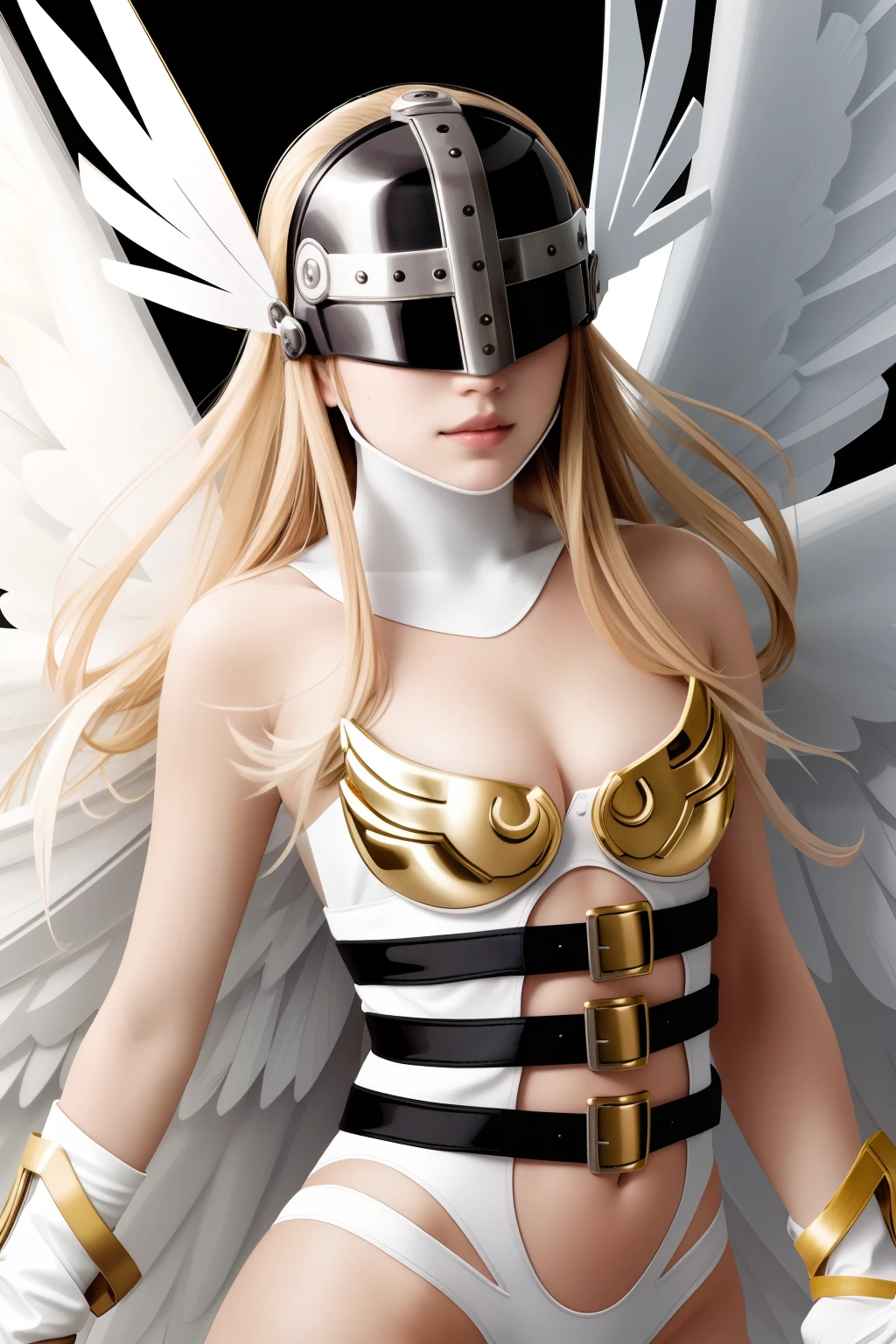 best quality, intricate details,
1girl,  Angewomon, winged helmet, helmet over eyes, helmet on, covered eyes,white multiple wings, white wings, pink hagoromo, single glove, strapless,white bodysuit, gold strapless bra, black belt, two belts