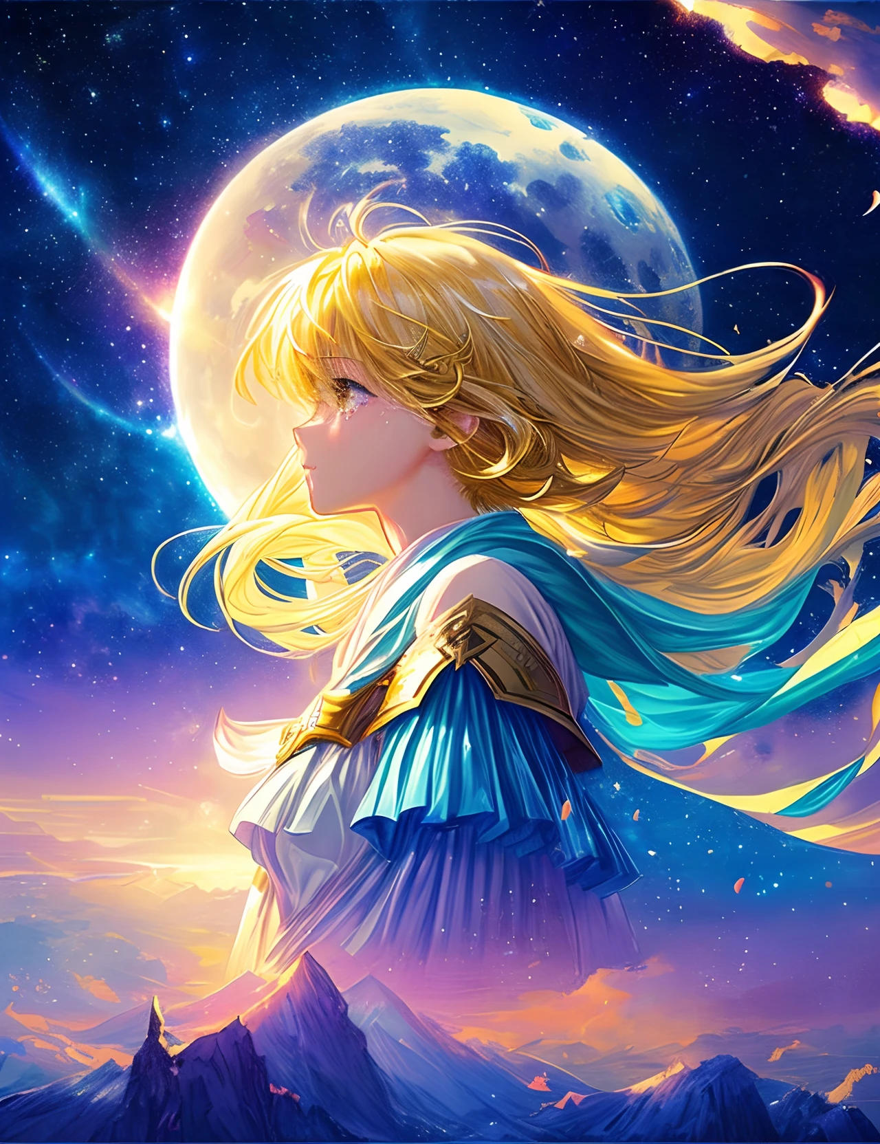 ((Supergiant pale yellow moon))((A girl who looks up at her profile and is subjectively depicted))、((Crying girl))、Profile Girls、Against a multicolored background、River painting with stars and moon in rainbow sky、Shining skyscrapers、Shine across the board、Concept art inspired by Mitsuoki Tosa、pixiv contest winners、top-quality、Fantasyart、beautiful anime scene、Bright moon、Moonlit star environment、Dream painting、Anime Background Art、Fantasy landscape art、fantasy knight、anime backgrounds、background artwork、Fantastic art、atmospheric anime、starrysky、Detail has been enhanced。