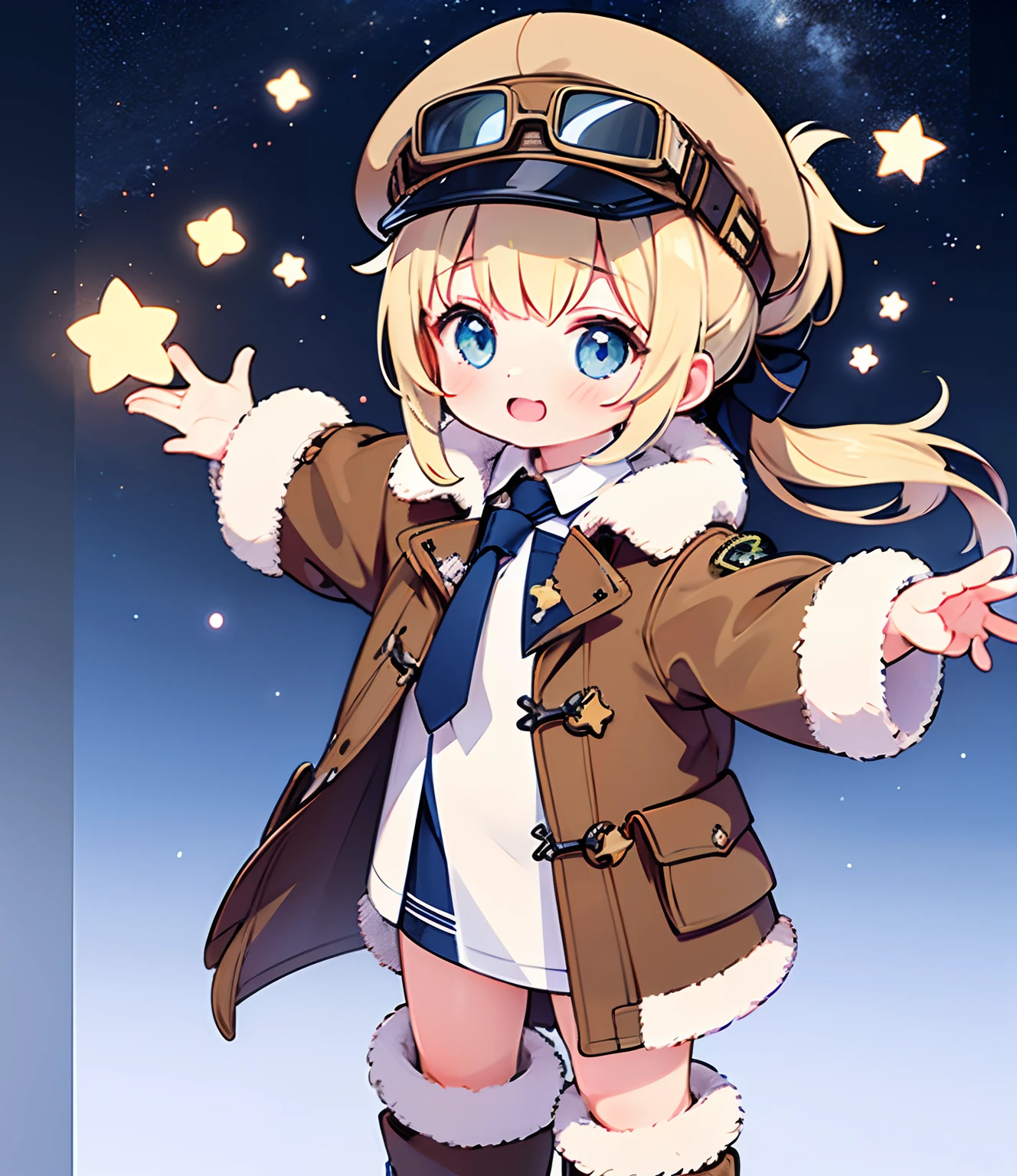 One ,Young,Brown wide trench coat,Decorate with patches,Protective goggles,Brown pilot's fur hat,blond hairbl,Tie it in a low ponytail,blue color eyes,Gorgeous starry sky background,As estrelas,((full bodyesbian)),「White background 1::5」,solo person,flatchest,ssmile,Fur boots