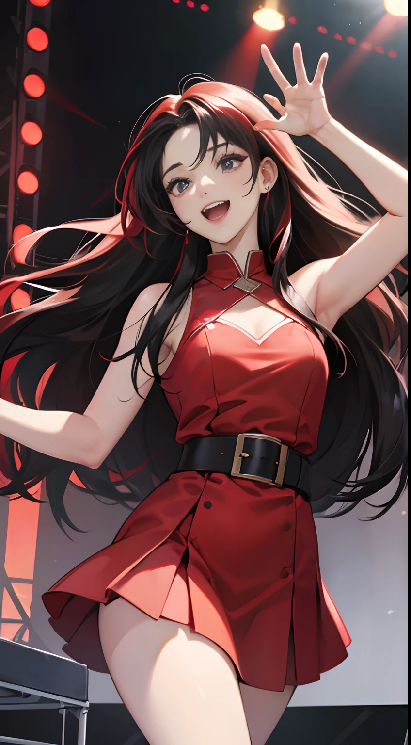 (Best Quality,4K,High resolution), 18yo woman, Red mesh hair on black hair, Long hair, Straight hair, , Comical appearance,stage,Idol,Let's sing together today,Even if you dream, Dreaming, Laughing, If you have a dream,Lasts forever
