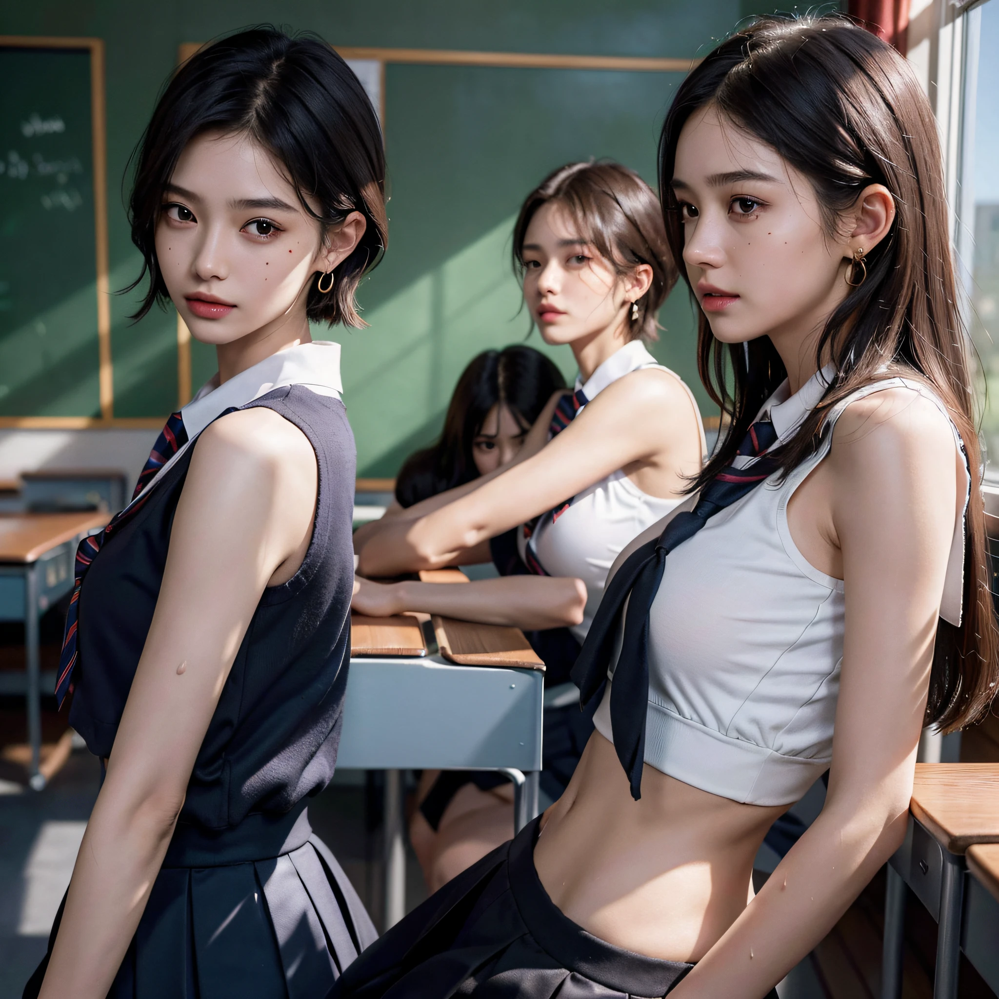 absurdres, RAW photo, extremely delicate and beautiful, masterpiece, Best Quality, ultra high resolution, 16k, hyperrealistic, ultra-detailed, perfect ???????, super Detailed skin, perfect figure, Very detailed CG 8k wallpaper, in her 20s, very Slim body, narrow waist, very small head, very small face, double eyelids, delicate facial features, makeup, tearful mole, mole on chest, earring, thin legs, (very huge round breasts), (((((3 girls))))), bronze hair, short hair, wavy hair, ((sweat)), (((school uniform))), ((sleeveless)), midriff,