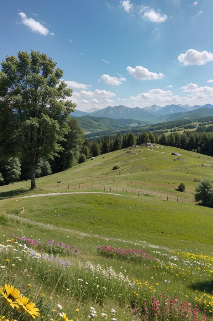 sunny day mountain top in summer , grass , flowers , trees , beautiful