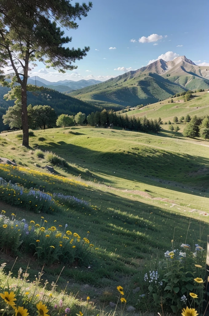 sunny day mountain top in summer , grass , flowers , trees , beautiful