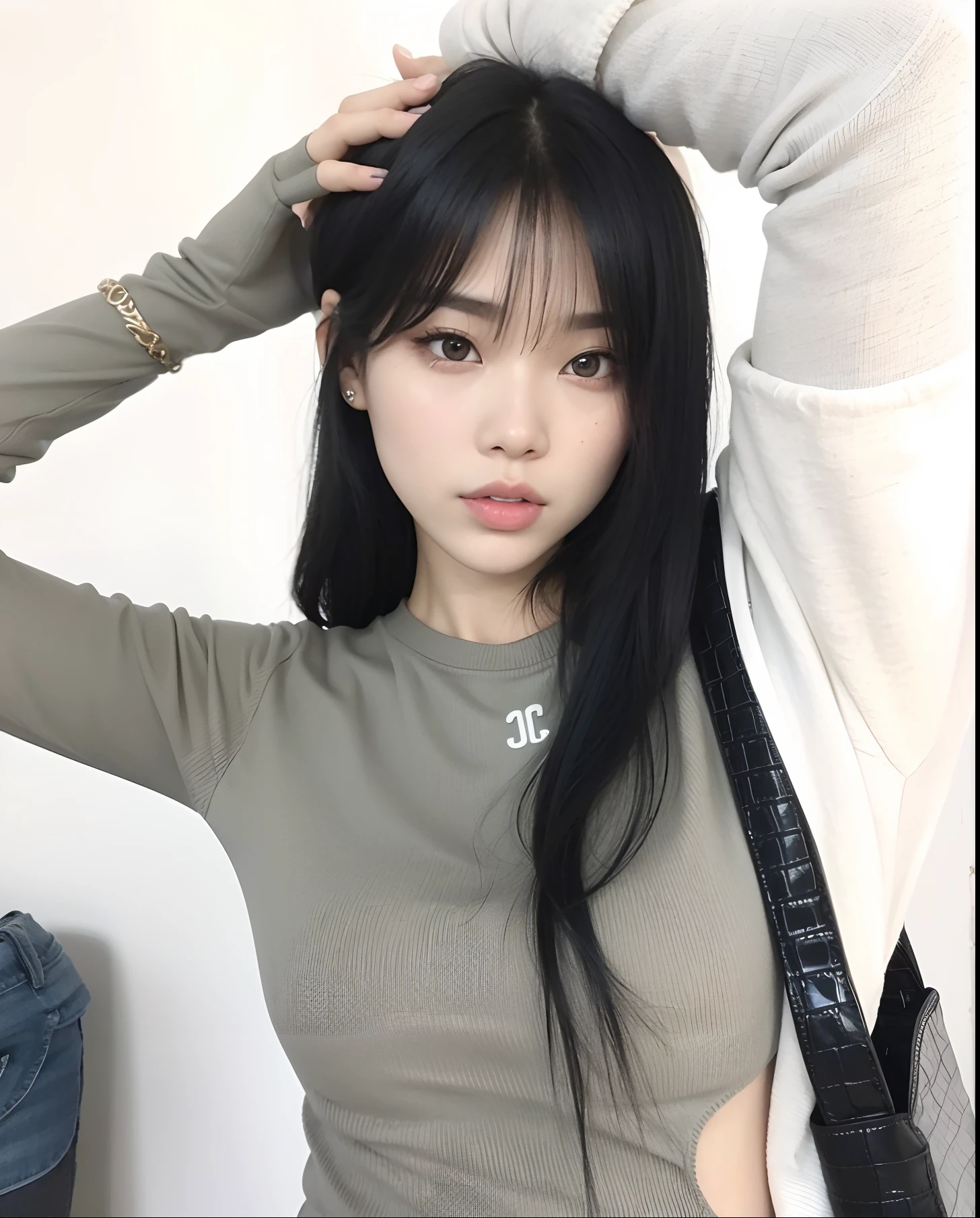 Araffe asian woman with long black hair and a gray shirt, Ulzzang, coreana, Ela tem cabelo preto com franja, Mulher sul-coreana bonita, linda mulher coreana jovem, Asian girl, Beautiful Asian girl, wan adorable korean face, preto hime corte cabelo, cruel korean goth girl, com cabelos longos, Jaeyeon Nam, Franja reta longa