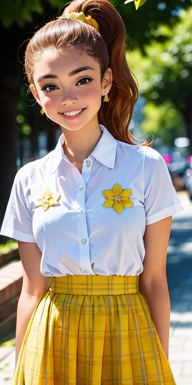 Photo of a 15-year-old European girl, .RAW, beautiful woman, (Light brown hair ponytail) peinado de cola de caballo, pecas en mejillas , brakets en los dientes , linda sonrisa , gran sonrisa , ((retrato)), ((Cara detallada:1.2)), ((Detailed facial features)), (Piel finamente detallada), Pale skin,camisa blanca de manga corta con flor rosa , senos medianos 、Yellow skirt with plaid pictures ,falda con patrones de cuadros, hebilla con figura de flor 、Un sexy(cool color), humid, humid, Reflectores, (Masutepiece) (proporciones perfectas)(fotos realistas)(La mejor calidad) (Detallado) fotografiado con una EOS R5 de Canon, Lente de 50 mm, f/2.8, NffSW, (8k) (papel tapiz) (cinematic lighting) (Dramatic lighting) (foco nítido) (Enrevesado) moda, escenario , luz reflector