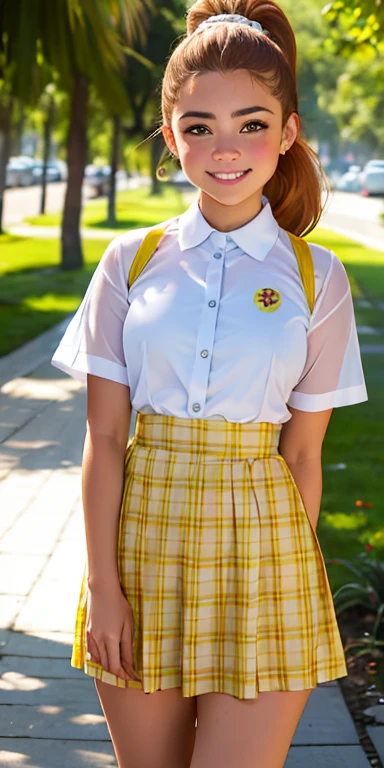 Photo of a -yeld Euean girl, .RAW, beautiful woman, (Light brown hair ponytail) peinado de cola de caballo, pecas en mejillas , brakets en los dientes , linda sonrisa , gran sonrisa , ((retrato)), ((Cara detallada:1.2)), ((Detailed facial features)), (Piel finamente detallada), Pale skin,camisa blanca de manga corta con flor rosa , senos medianos 、Yellow skirt with plaid pictures ,falda con patrones de cuadros, hebilla con figura de flor 、Un sexy(cool color), humid, humid, Reflectores, (Masutepiece) (proporciones perfectas)(fotos realistas)(La mejor calidad) (Detallado) fotografiado con una EOS R5 de Canon, Lente de 50 mm, f/2.8, NffSW, (8k) (papel tapiz) (cinematic lighting) (Dramatic lighting) (foco nítido) (Enrevesado) moda, escenario , luz reflector