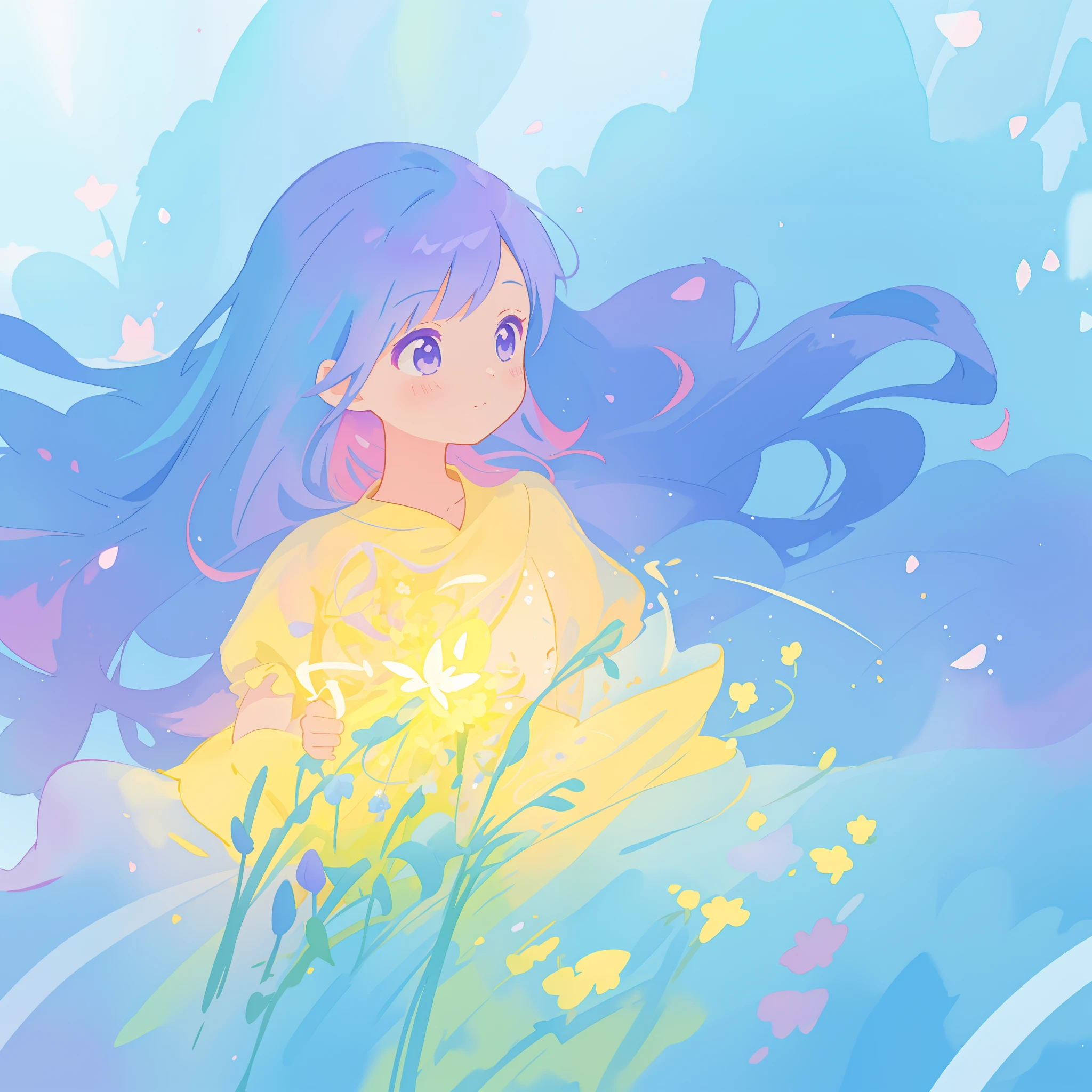 beautiful girl in yellow minut gradient flowing dress, long flowing blue purple pink hair, colorful fantasia background, watercolor illustration, disney art style, glowing aura around her, glowing lights, beautiful digital illustration, fantasia otherworldly landscape plants flowers, beautiful, masterpiece, best quality, anime disney style
