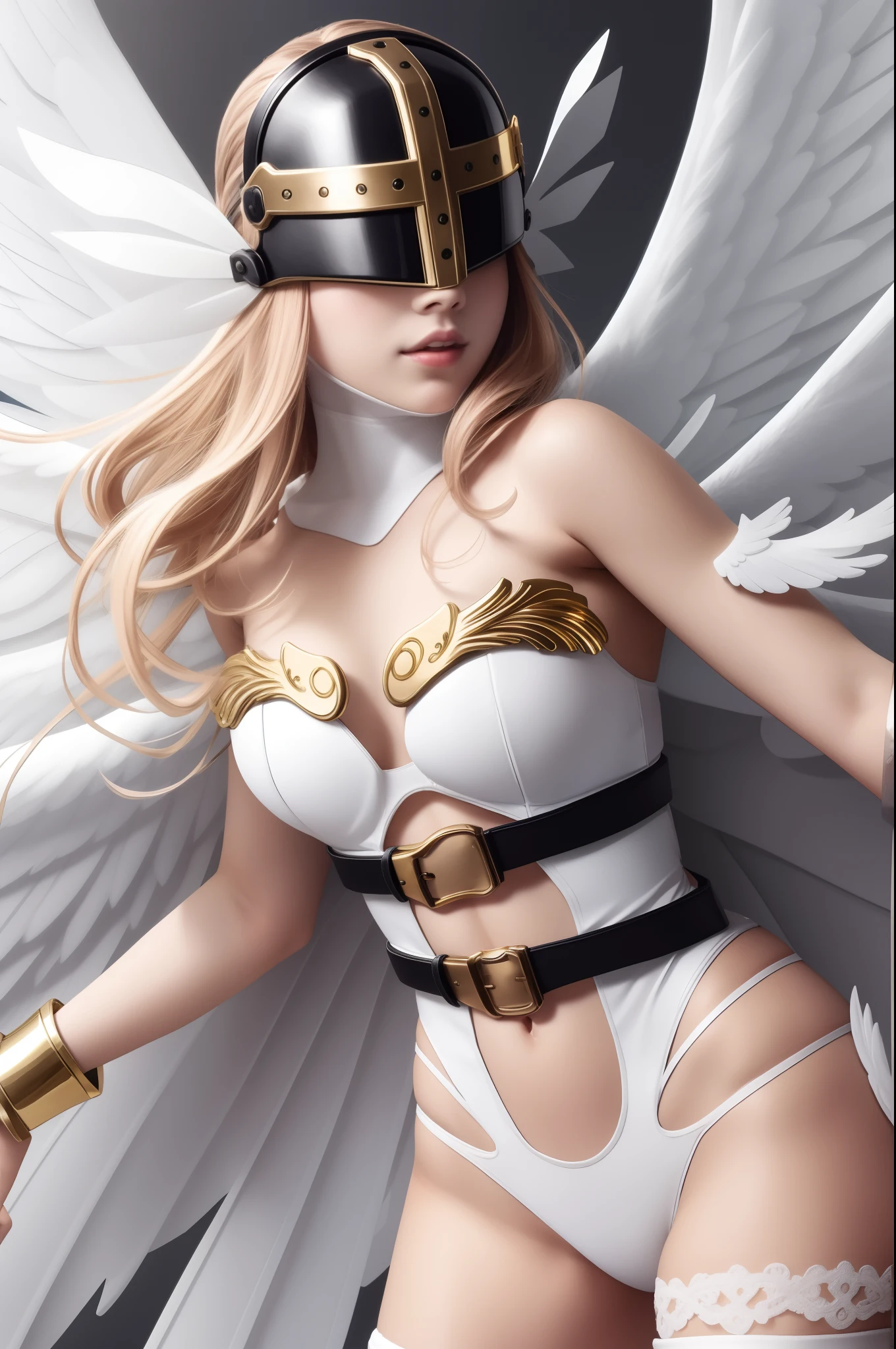 best quality, intricate details,
1girl,  Angewomon, winged helmet, helmet over eyes, helmet on, covered eyes,white multiple wings, white wings, pink hagoromo, single glove, strapless,white bodysuit, gold strapless bra, black belt, two belts