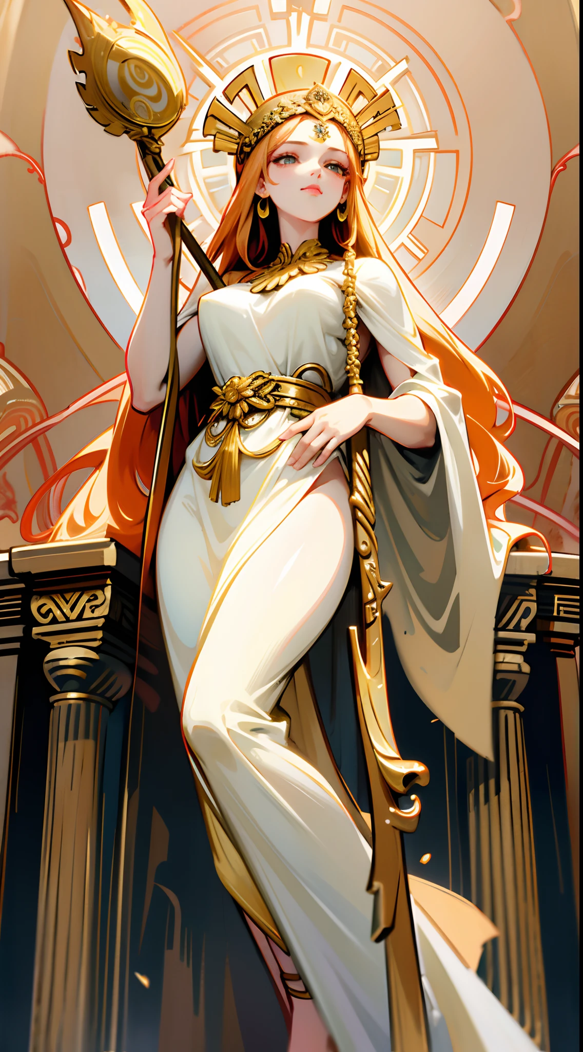 a painting of a woman with a golden headdress and a white dress, Bel art UHD 4 K, 4k highly detailed digital art, 4k detailed digital art, Mucha style 4K, Jen Bartel, Greece styles, marble temple, vines, waterfalls, statue, Greek godness, holding a Scepter, naked, half body, potrait,