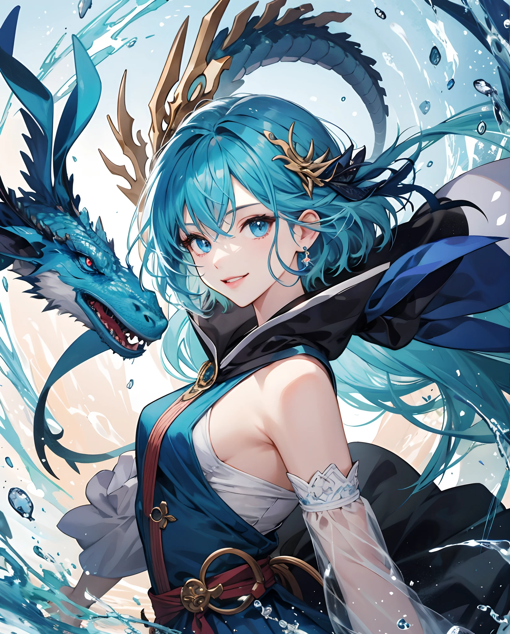 (masterpiece, top quality, best quality,1girl, long hair, (glowing:1.15), (team:1.1), (flowers:1.15), (monarch:1.05),Long coat,surrounded by huge Chinese dragons,dragon open mouse,1girl,solo,light_blue_hair,liquid hair, long hair,floating hair, standing,sundress, liquid clothes, water,waves, tsunami,tide,sea,water dress,fantasy, high contrast,explosions, over exposure, purple and red tone impression , abstract, ((watercolor painting by John Berkey and Jeremy Mann )) brush strokes, negative space,,