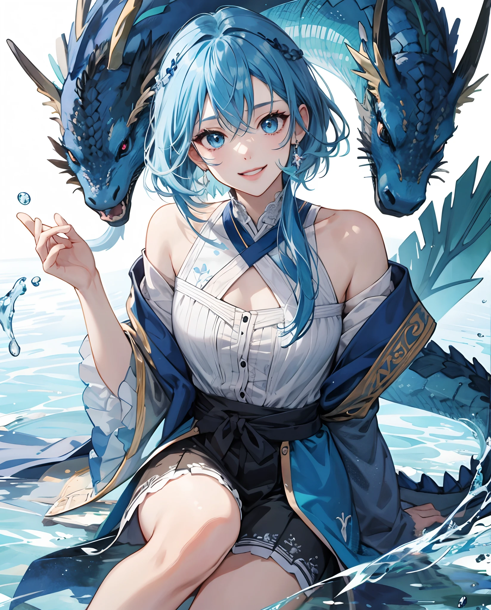 masterpiece、top-quality、超A high resolution、2D Beautiful Girl、animesque、s girl、Blue hair、short-haired、Looks like a water dragon、Beautiful blue eyes、The clothes are also depicted in detail、Eyes are depicted in detail、The face is depicted in detail、sorcerer、soio、Full body front、Gentle smile、hair adornments、animesque、illustratio