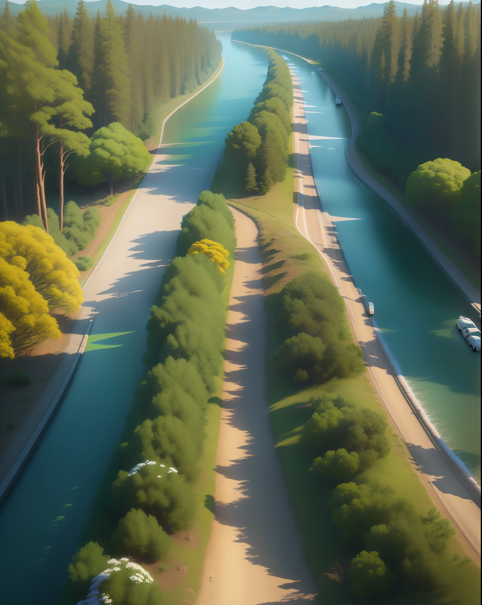 Show me 3D graphic landscapes for a 4 km stretch of two way road with 6 different types of trees and 6 different types of flowers in the centre.